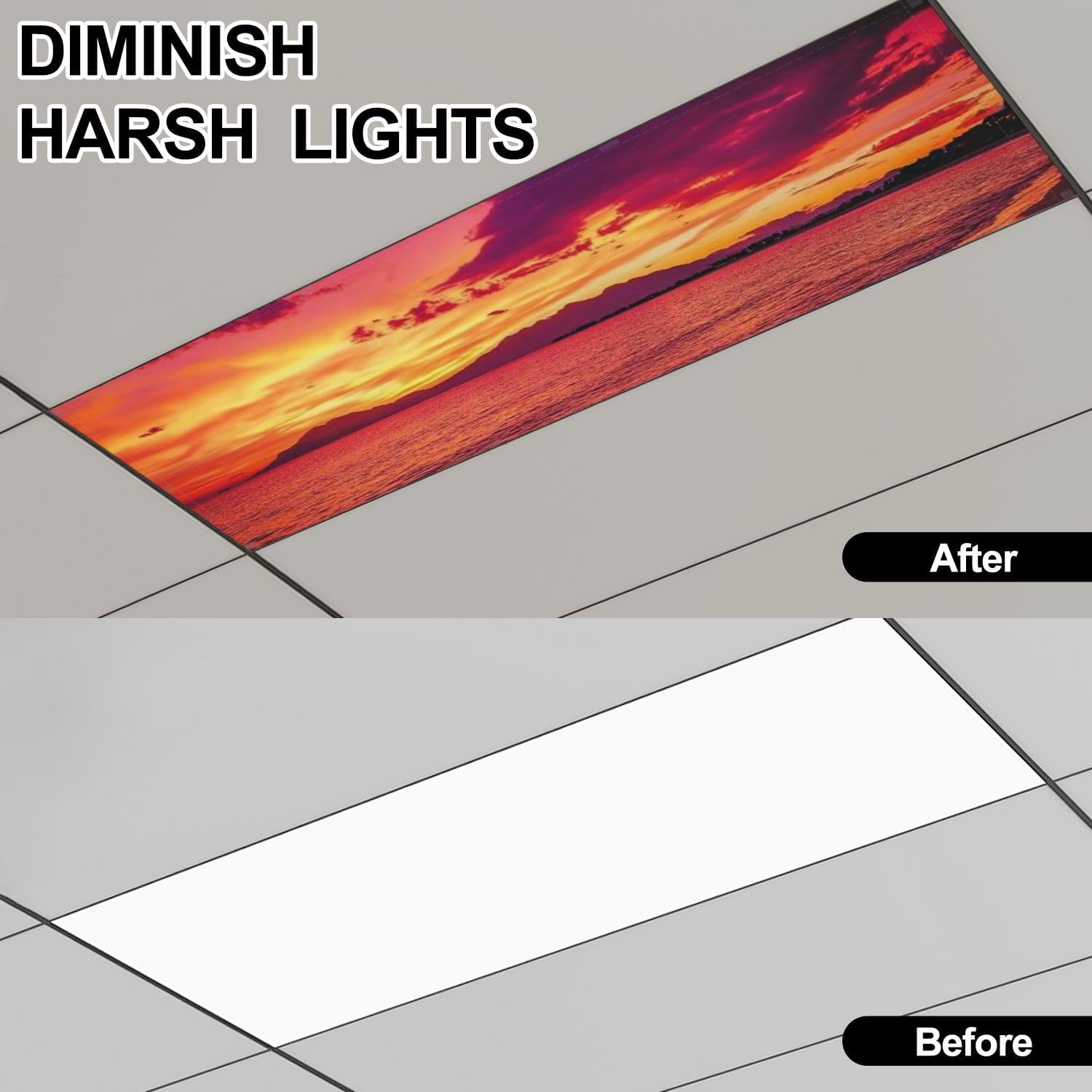 Fluorescent Light Covers for Ceiling Lights Seascape Evening Sunset Landscape Aegean sea Easy to Install Magnetic Light Filter for Classroom Office Hospitals School Home Decor