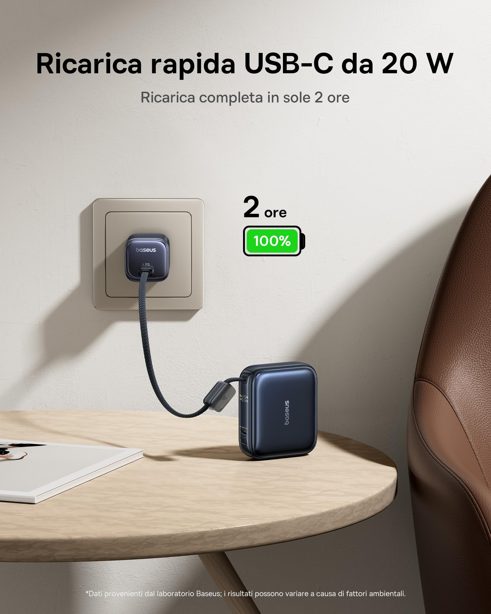 Baseus AC22 Mini Powerbank 10000mAh, PD 45W Power Bank Portatile con Cavo USB-C integrato, Batteria Esterna Ricarica Rapida per iPhone 17/16/15, Samsung S26/S25 Ultra, iPad, Pixel 10/9