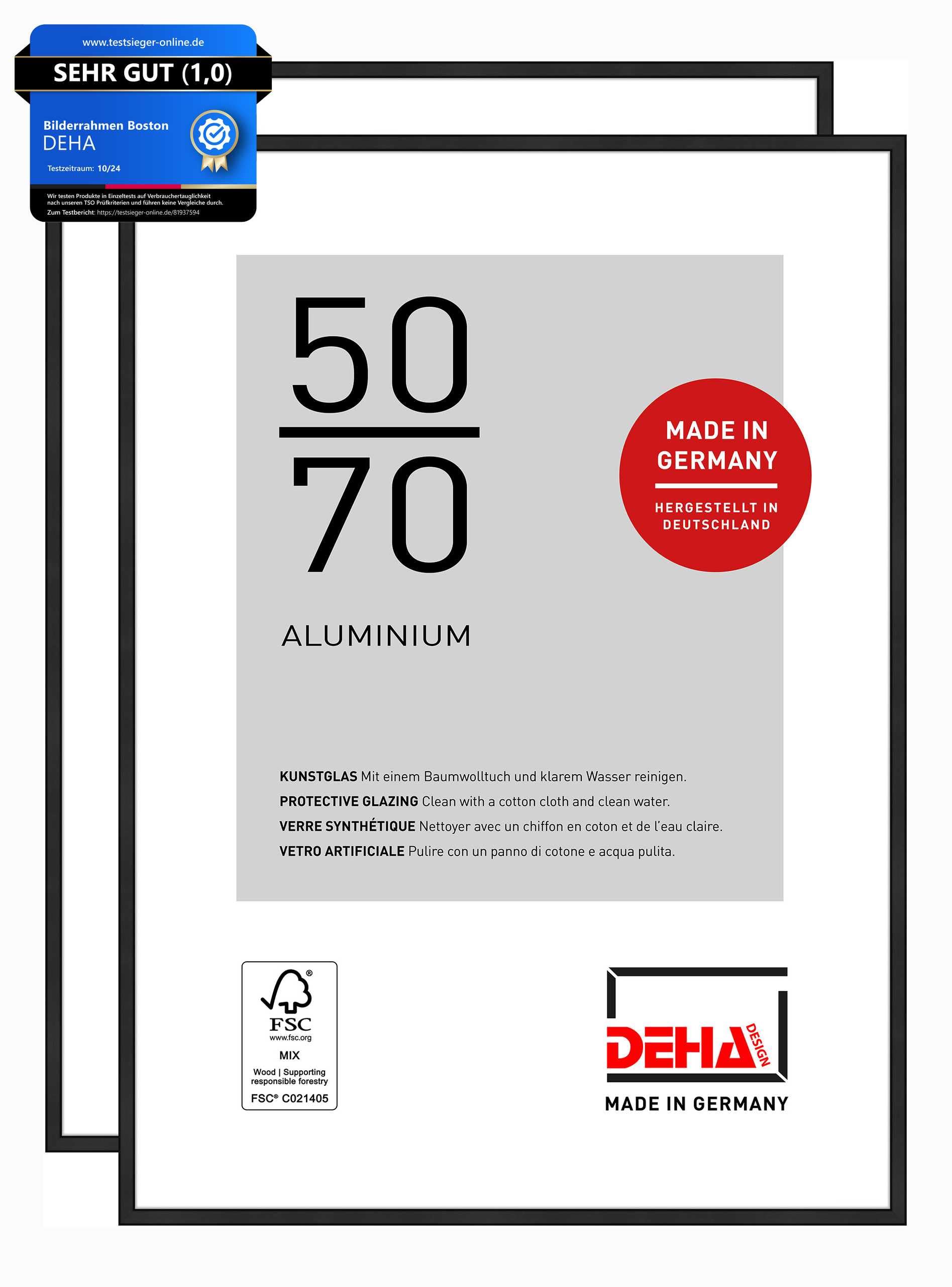 DEHA Design Bilderrahmen, 50 x 70 cm (2er Set), Aluminium, Schwarz matt, Posterrahmen zum Aufhängen im Hoch- & Querformat, bruchsicheres Kunstglas, Boston