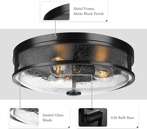 Miniatura 10 de ROS90 BK - Lámpara de techo empotrada, moderna lámpara de techo de granja con vidrio semillado para dormitorio, entrada, pasillo de cocina, ROS90 BK