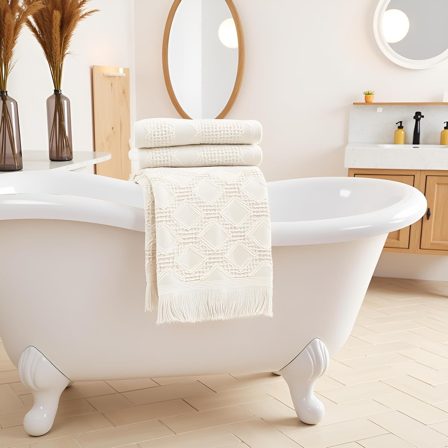 2 Pcs Decorative Boho Hand Towels Bathroom 14X30 100% Cotton Turkish Absorbent Soft Cute Face Bath Towel Set for Farmhouse Boho Bathroom Kitchen Decor Hotel Spa Guest Tea Gift (Beige) - Image 4