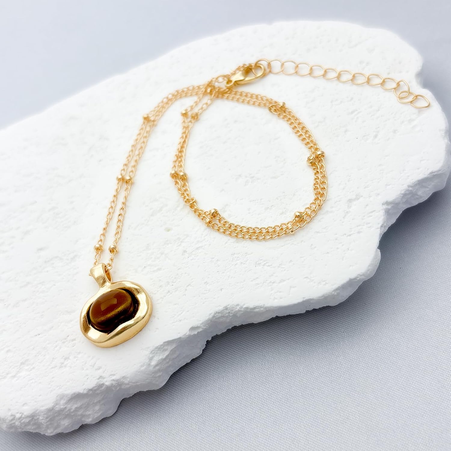 Gold Tigers Eye Stone Necklace Bracelet Earrings Set Chunky Gemstone Pendent Dangle Necklace Natural Gemstone Stretch Bracelet Valentine Prom Fashion Jewelry Gift - Image 6
