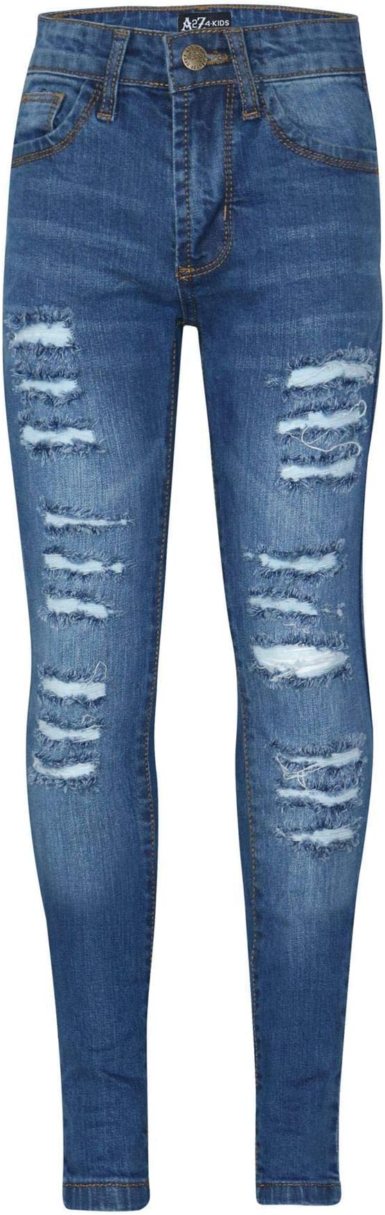 Girls Ripped Jeans Comfort Skinny Stretch Lightweight - Girls Jeans JN28 Mid Blue 13