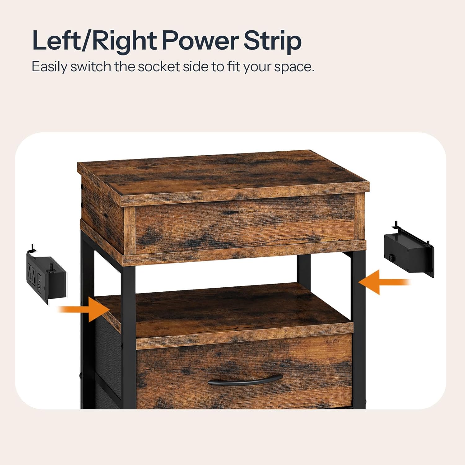 HOOBRO Nightstand with Charging Station, Bedside Table with Fabric Drawers, End Table with Lockable Hidden Compartment, 2 AC Outlets, 1 USB-A, 1 Type-C, for Bedroom, Rustic Brown and Black BF143UBZ01