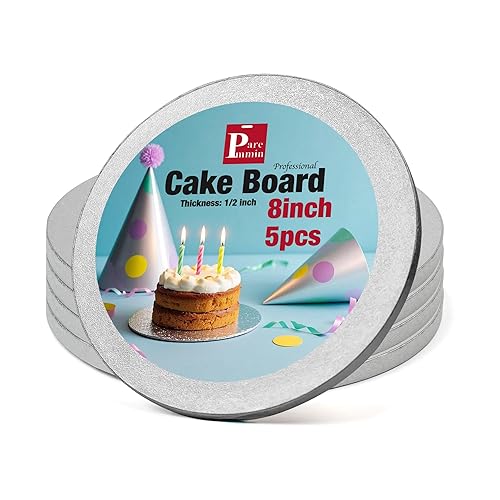 Paremmin 5Pcs 8 Inch Silver Round Cake Boards, 1/2inch Thick Sturdy Cake Drums with Smooth Straight Edges, Waterproof & Oil-Proof (Silver, 8") - Silver - 8"
