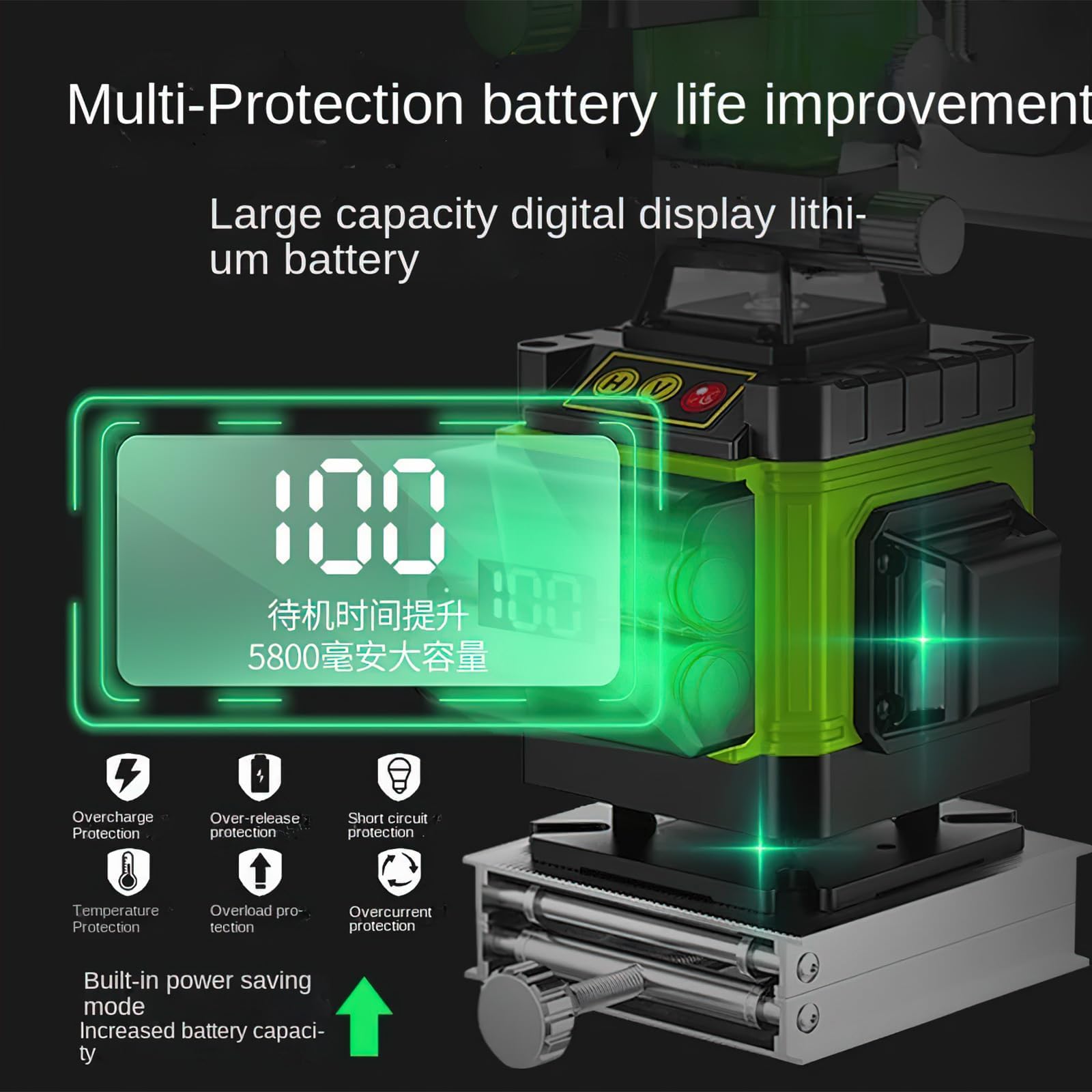 Laser en croix - 4 x 360 ° - Vert - Niveau laser auto-nivelant - Niveau laser 16 lignes avec trépied - Batterie rechargeable - 2 batteries de 2600 mAh - Laser de construction