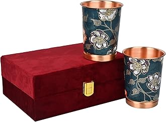 DI: Decorative India Copper Premium Green Gold Leaf Design Set of Two Glass with Elegant Gift Box, 250 ML