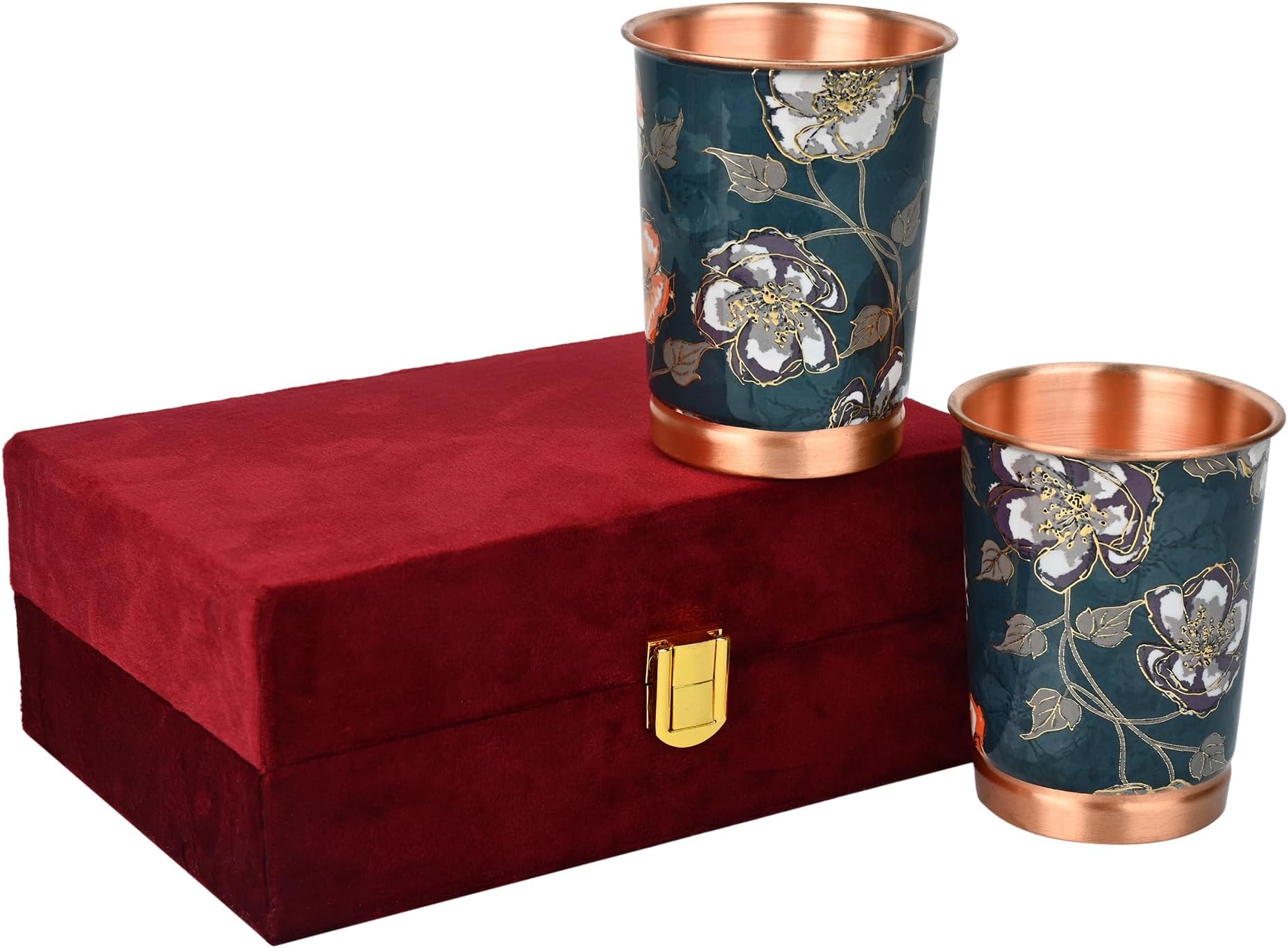 DI: Decorative India Copper Premium Green Gold Leaf Design Set of Two Glass with Elegant Gift Box, 250 ML