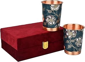 Copper Premium Green Gold Leaf Design Set of Two Glass with Elegant Gift Box, 250 ML