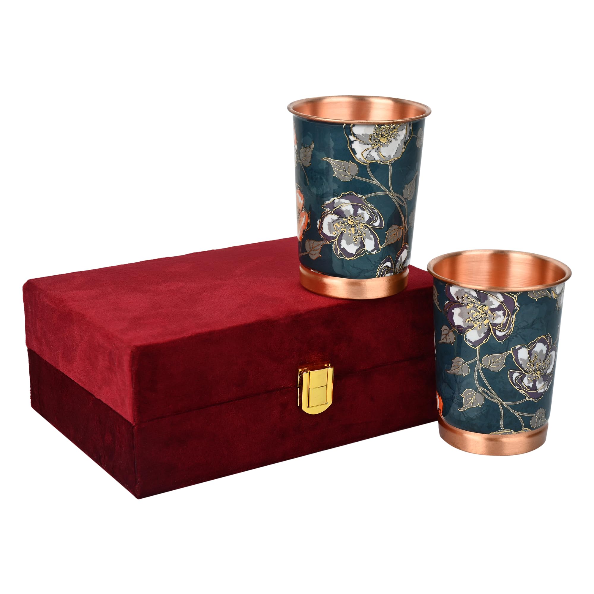 DI: Decorative India Copper Premium Green Gold Leaf Design Set of Two Glass with Elegant Gift Box, 250 ML