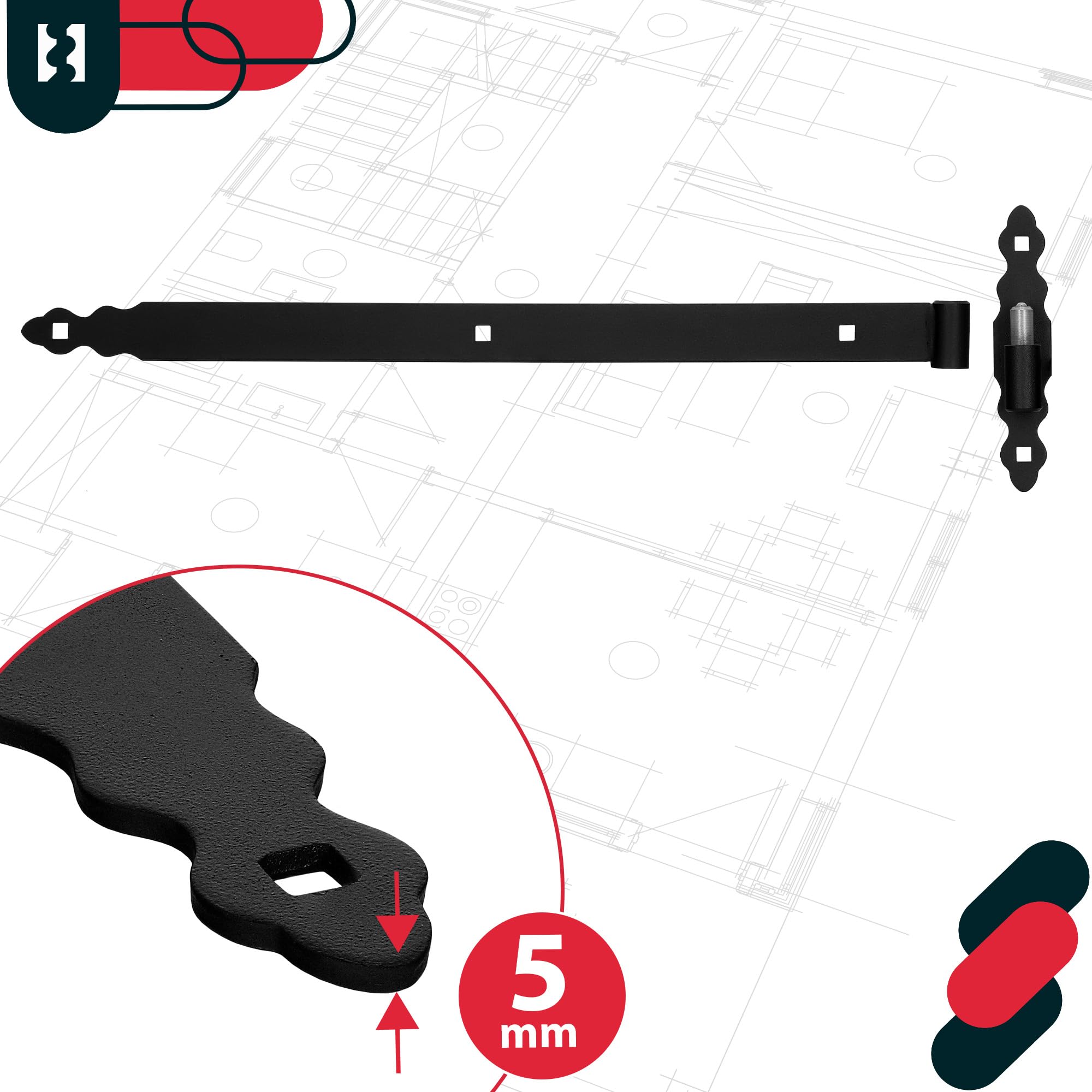 KOTARBAU® Banda de carga con abultamientos de 600 mm de acero pulverizado con rodamiento de bolas, bisagra negra, izquierda y derecha, para puerta de madera