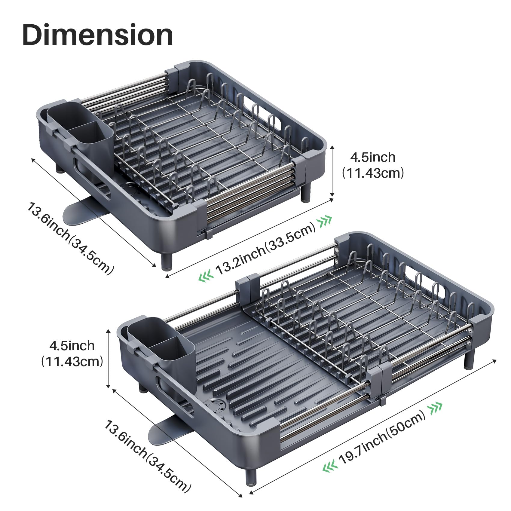 SAYZH Escurreplatos, Escurridor De Platos Extensible(33.5 CM-50 CM) De Gran Capacidad con Soporte Cubiertos Extraíble y Caño De Drenaje Giratorio, para Encimera De Cocina Ahorre Espacio(Gris)