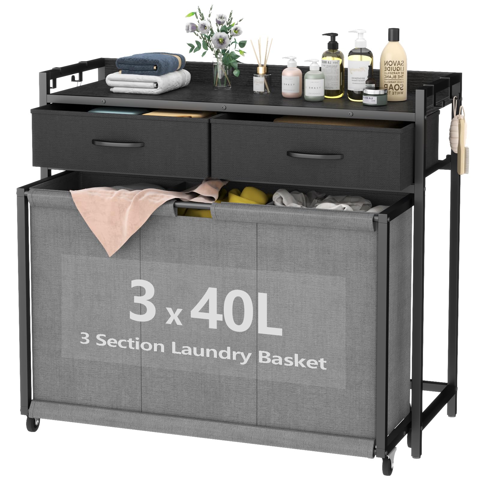 Large Laundry Basket with Wheels & 3 Compartments - 3 x 40L Laundry Sorter Bag for Washing, Dual-Drawer Laundry Storage Hamper, Ideal for Laundry Room, Bedroom, Bathroom (Grey)