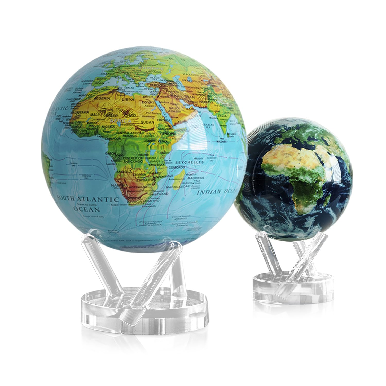 MOVA Blue Relief Map & Earth with Clouds Globe Bundle (8.5” + 4.5”) – Solar-Powered Self-Rotating Globes with Acrylic Stand | No Batteries or Wires | Elegant Home & Office Decor