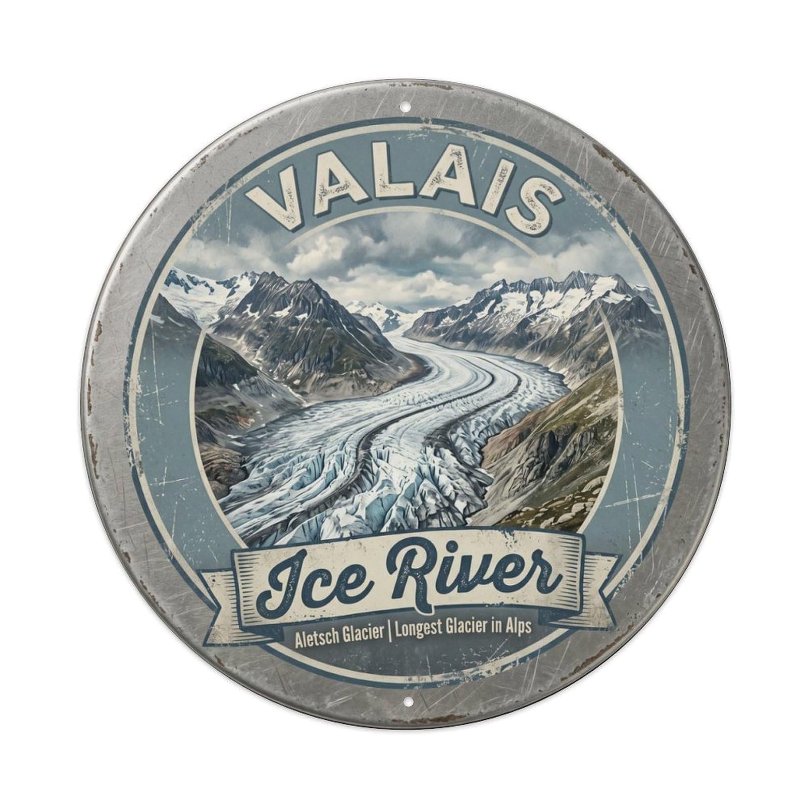 Vintage Travel Aletsch Glacier Swiss Metal Tin Sign Plaque Wall Decor for Cafe, Club Bar, Office, Home Garden Round Metal Poster 8x8Inch