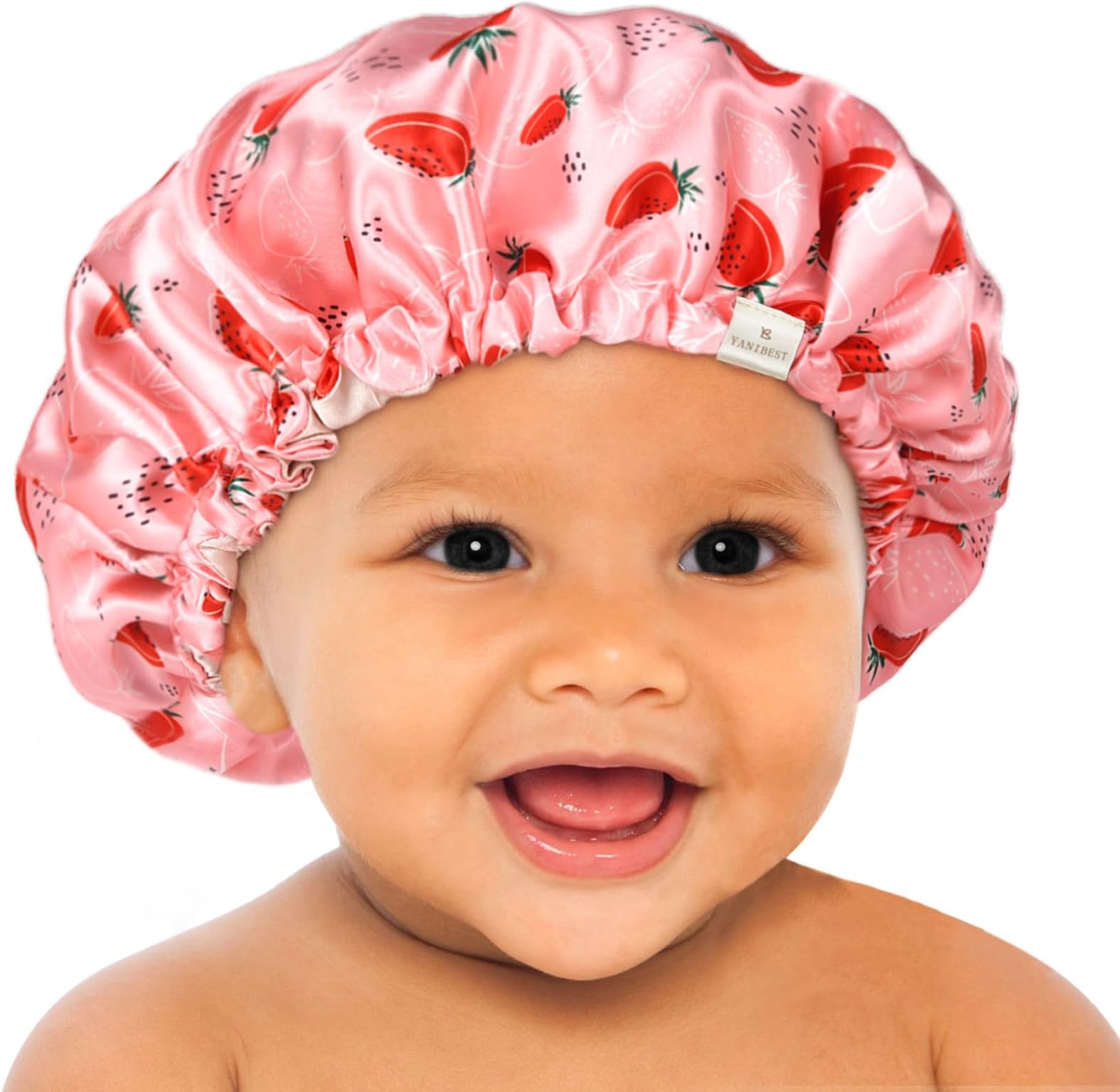 Baby Satin Bonnet Sleep Cap - Double Layer Reversible Adjustable Silky Satin Cap for Infant Toddler(0-6Months,Strawberry)