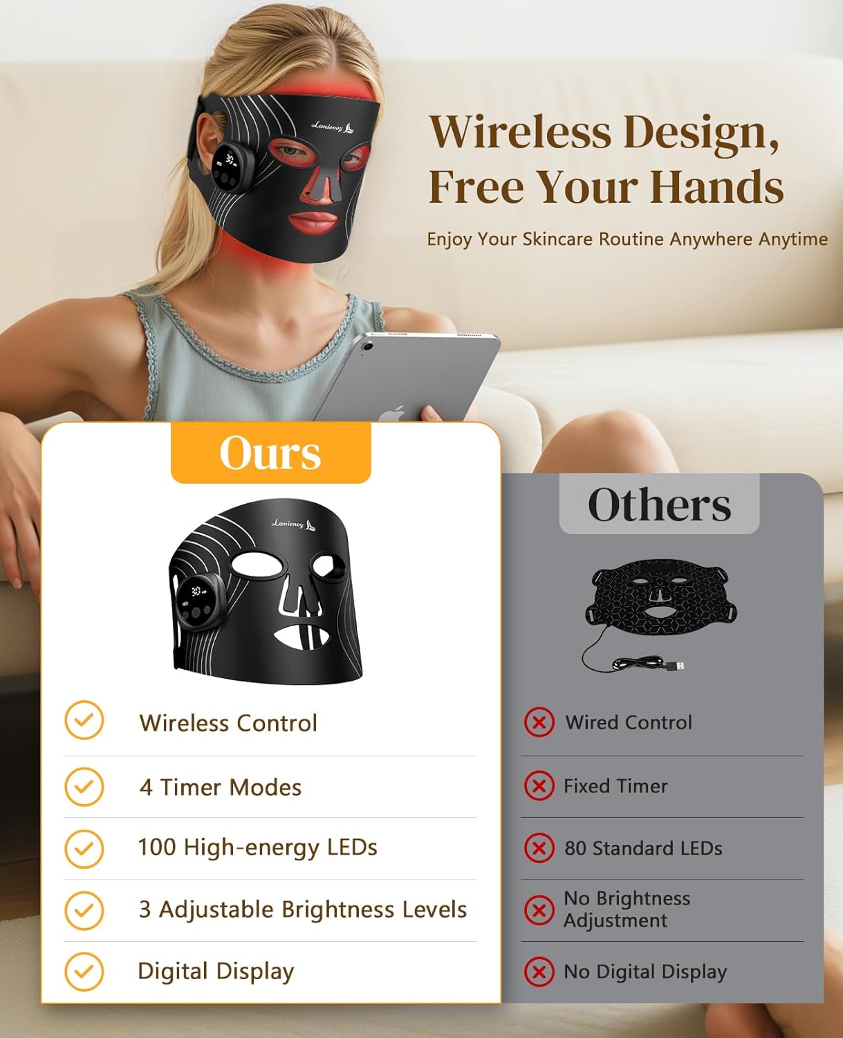 Red Light Therapy for Face, Wireless Red Light Therapy Mask, 4 Modes LED Face Mask with Near-infrared 850nm & Timing Function for Home Skincare, Black - Image 4