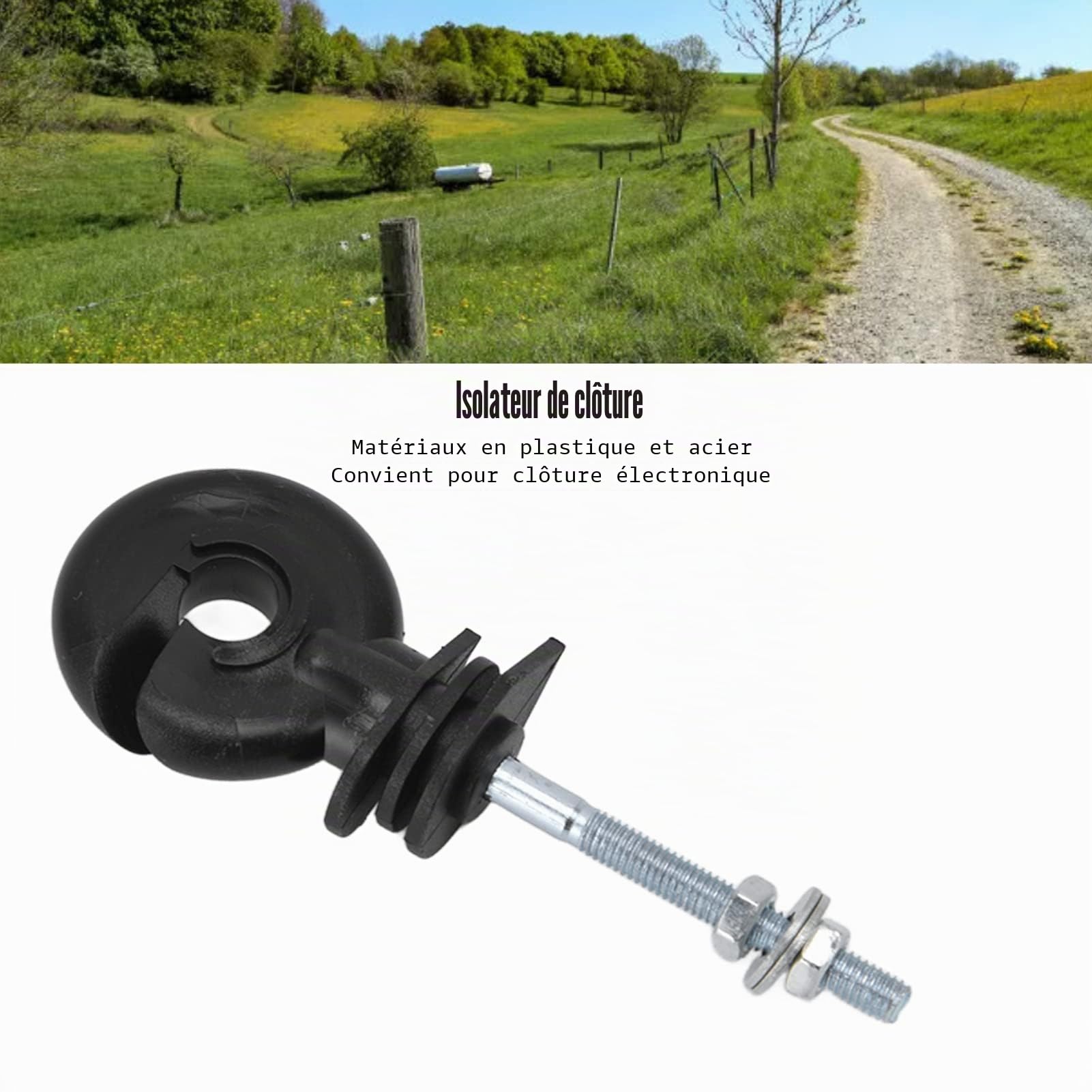 Ausla Lot de 100 Isolateurs pour Clôture Électrique Noir, Isolants à Anneau Vissable Anti-intempéries, Remplacement pour Clôture Électrique pour Piquets Métalliques