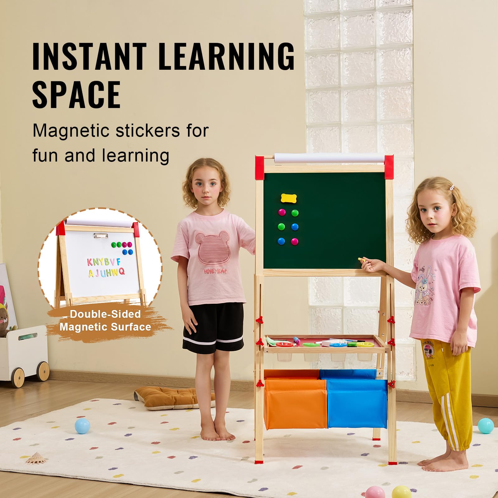 VEVOR Cavalletto da Arte per Bambini 3 in 1, Cavalletto da Arte in Legno a Doppia Faccia con Lavagna Magnetica e Rotolo di Carta, Tavolo da Disegno Regolabile con Accessori per Pittura per Ragazzi