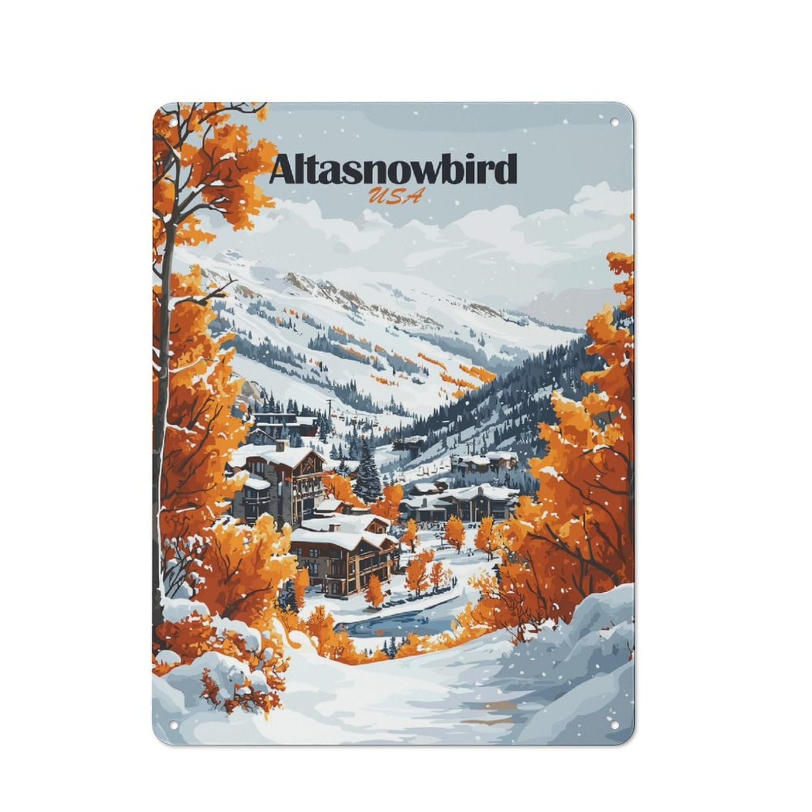 Altasnowbird Winter Scene Vintage Metal Wall Decor 40x30cm, Tin Sign for Cafe, Pub, Workshop Or Home Bar, Small Accent for Blank Walls