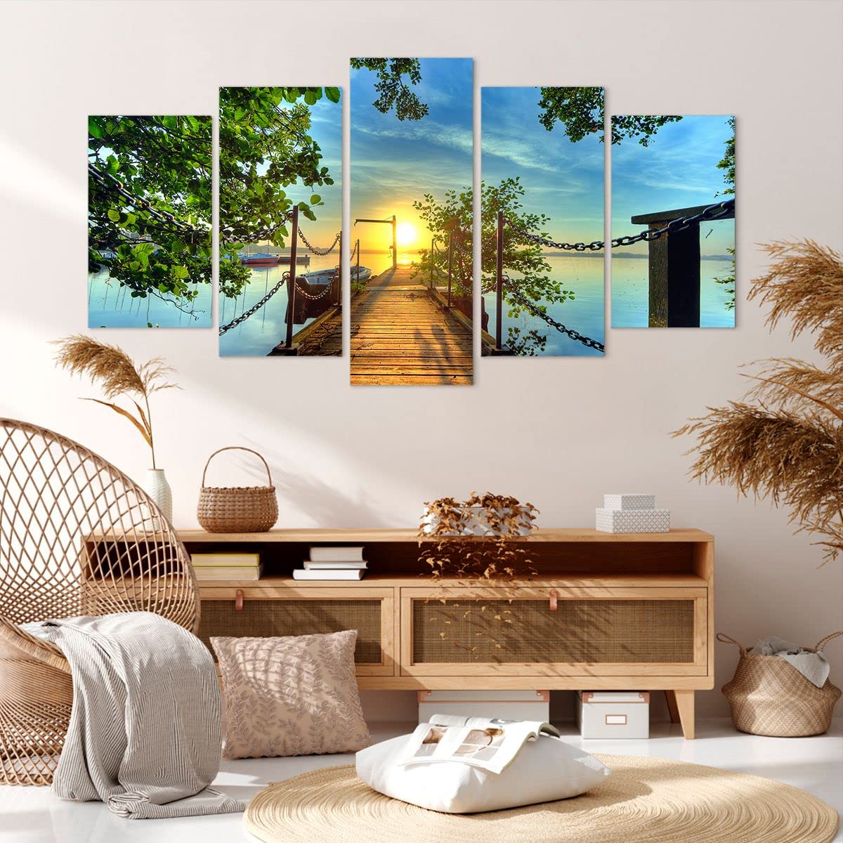 Wandbilder Dekoration Wohnzimmer See Sonnenuntergang Boot Landschaft Bilder auf Leinwand 160x85cm Leinwandbild Schlafzimmer Set 5 teilige Kunstdruck Art Groß XXL Wanddeko Bild Canvas EA160x85-2573