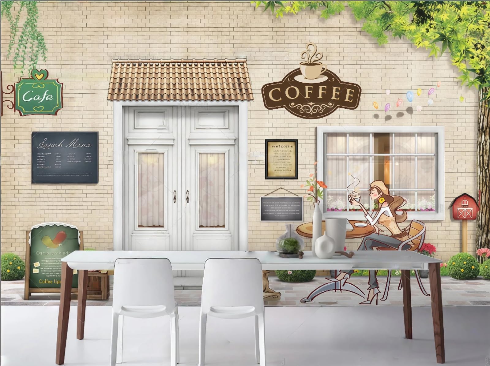 rskjdghshd Wallpaper Brick Wall Doors and Windows Hand-Painted Coffee Dessert House Afternoon Tea Burger Shop Bar Background Wall Western Restaurant Wallpaper Cafe Mural,3D,150x105cm