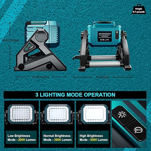 Miniatura 2 de Luz de trabajo para Makita 18V 5000LM, WaxPar 14.4-20V 35W sin cablecon cable, compatible con Makita LXT 18v batería DML809 DML805 3 modos de brillo
