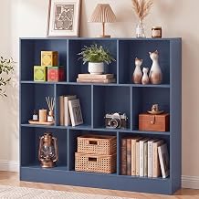 LEYAOYAO 10 Cube Bookshelf with Base,3 Tier Mid-Century Modern Blue Bookcase,Standing Wide Bookshelves Storage Organizer Shelf,Rustic Wood Display Cabinet Book Shelves for Bedroom,Living Room,Office