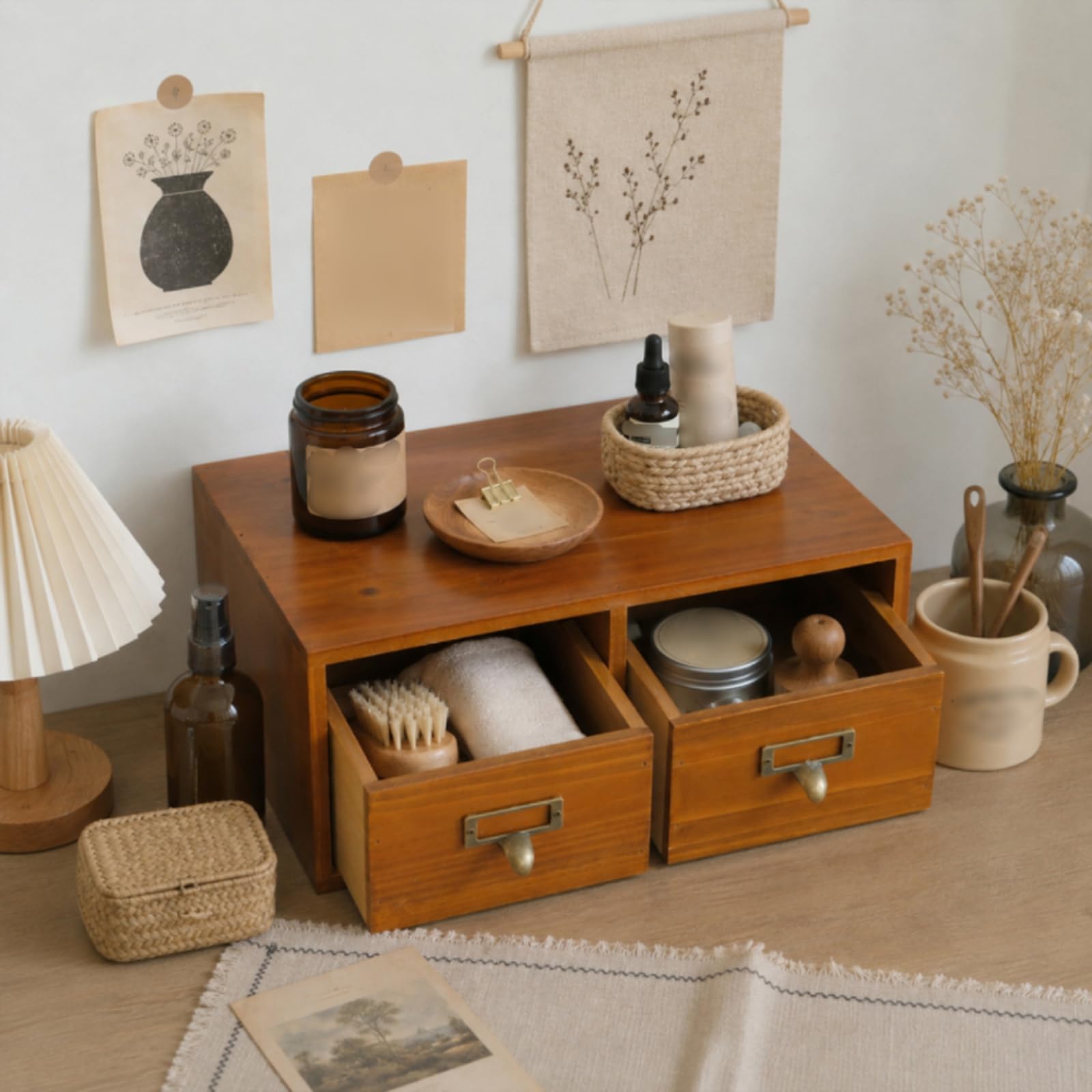 Organizzatore da Scrivania in Legno Elegante Organizzatore in Legno con Cassetti Compatto Cassettiera da Tavolo per, Organizzatore Da Scrivania Con Due Cassetti E Scomparto Aperto