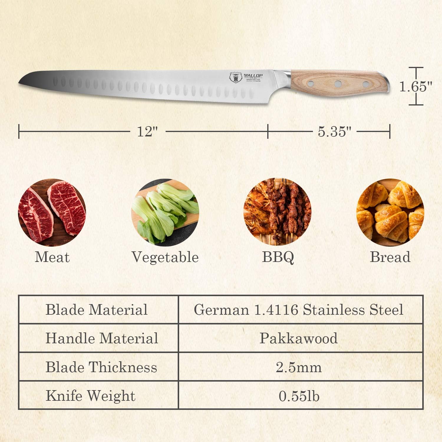 WALLOP Slicing Knife - 12 Inch Slicing Carving Knife, German Stainless Steel Meat Carving Knife, Straight Bread Knife - Full Tang Natural Pakkawood Handle with Gift Box : Tools & Home Improvement