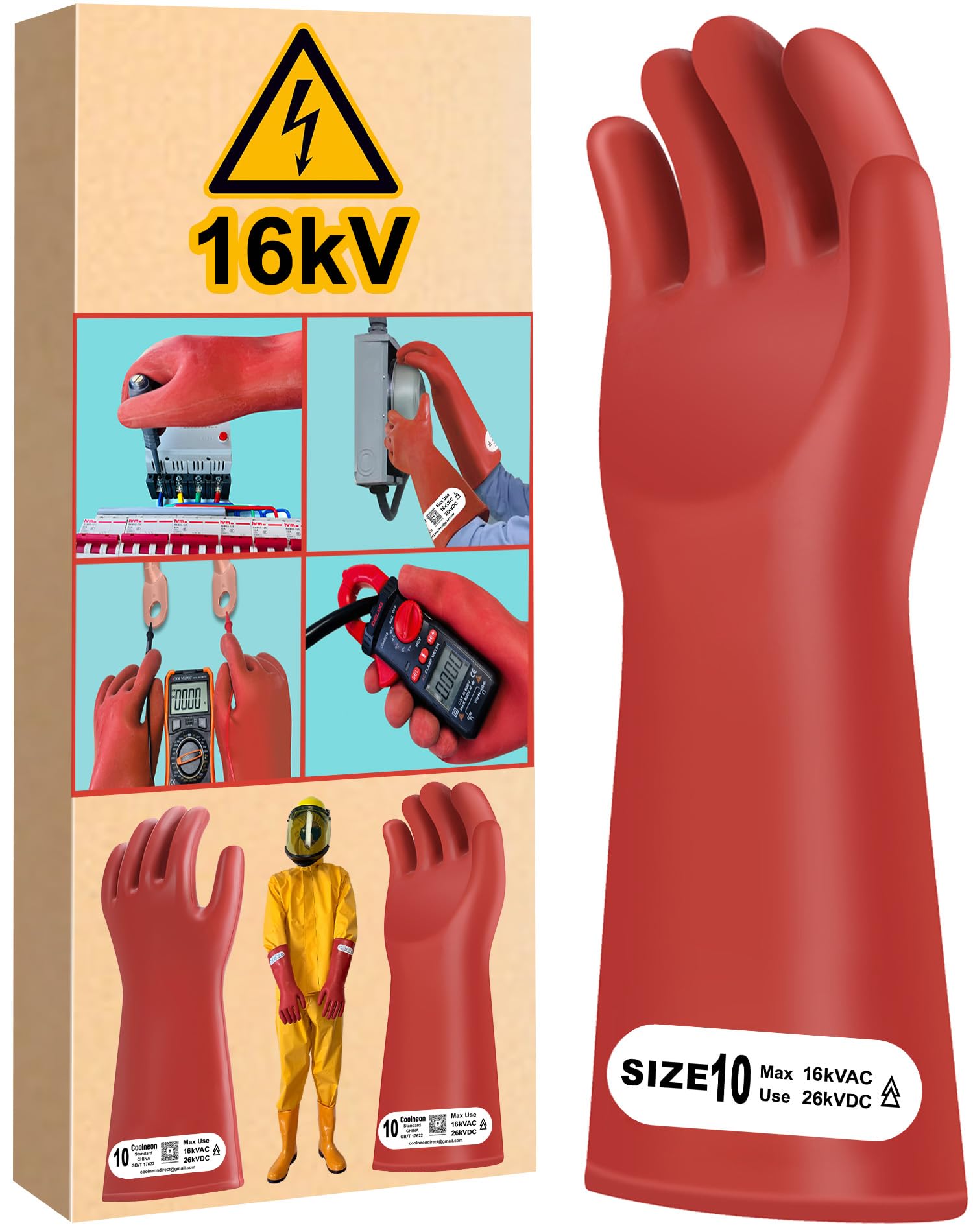 16kV Electrical Gloves Size 10 Rubber Thick Not for Dexterous Work High Voltage Electric Insulated Electrician Safety Shock Proof Lineman Long Red HV 16000VAC EV Hybrid Glove Water Proof