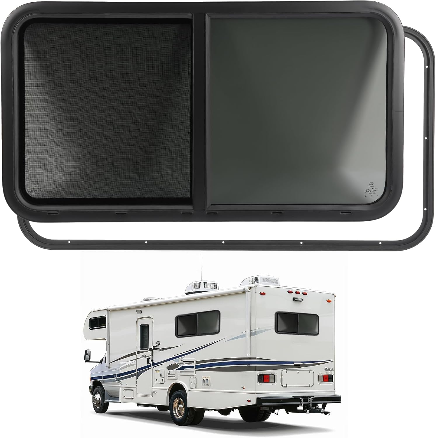 Wutist 42" W X 22" H RV Window W/ Trim for 1.5" Wall and Net Screen Horizontal Sliding Teardrop Window 1PC Black Powder Coated Tempered Glass