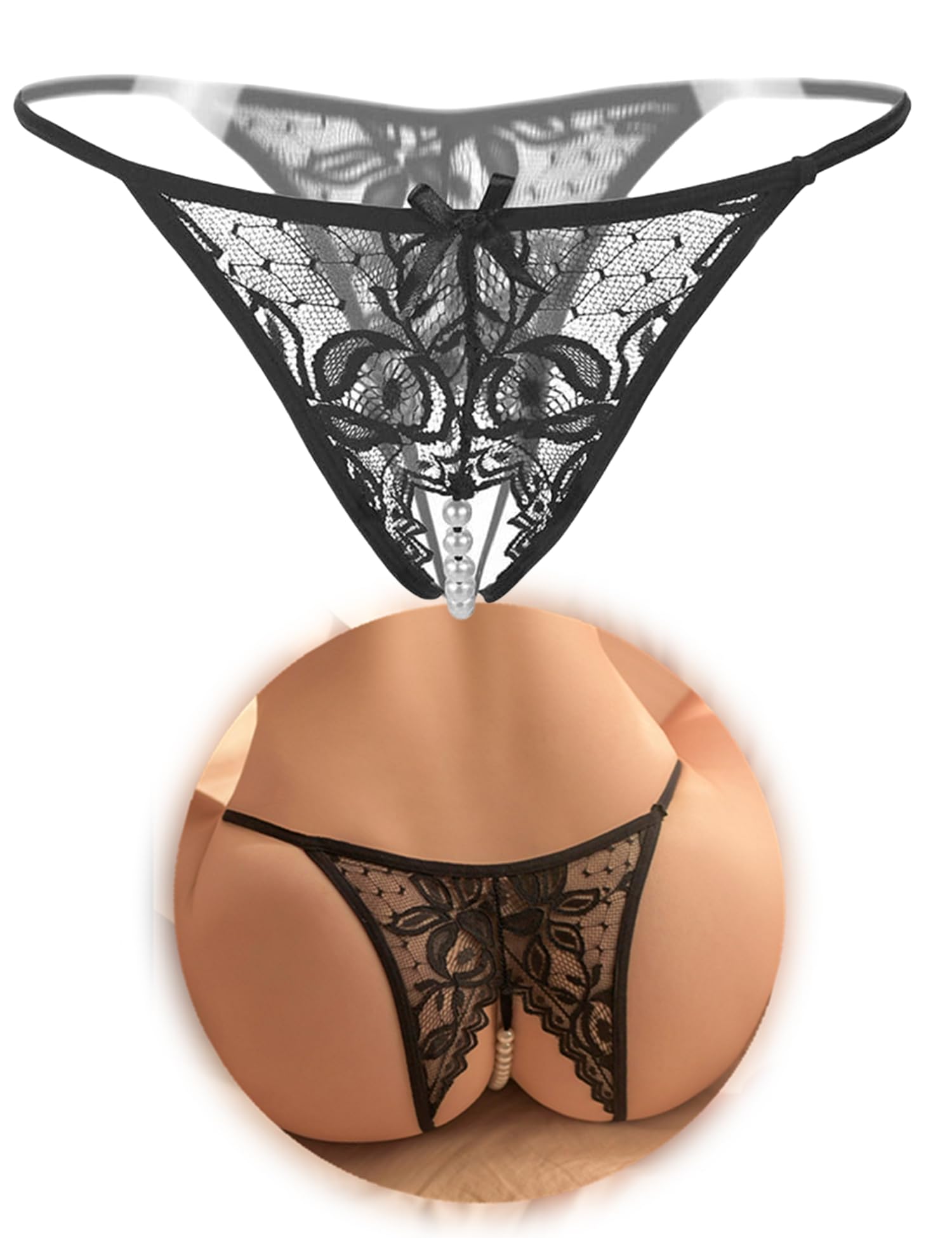 Erotische Höschen mit Perlen Unterwäschen - Schwarz Niedrige Taille Spitzen Unterwäsche Frauen Set, Tanga Damen Sexy Dessous Unterwäsche Mit Offenem Schritt,V-String Sexy Unterwäsche für frau