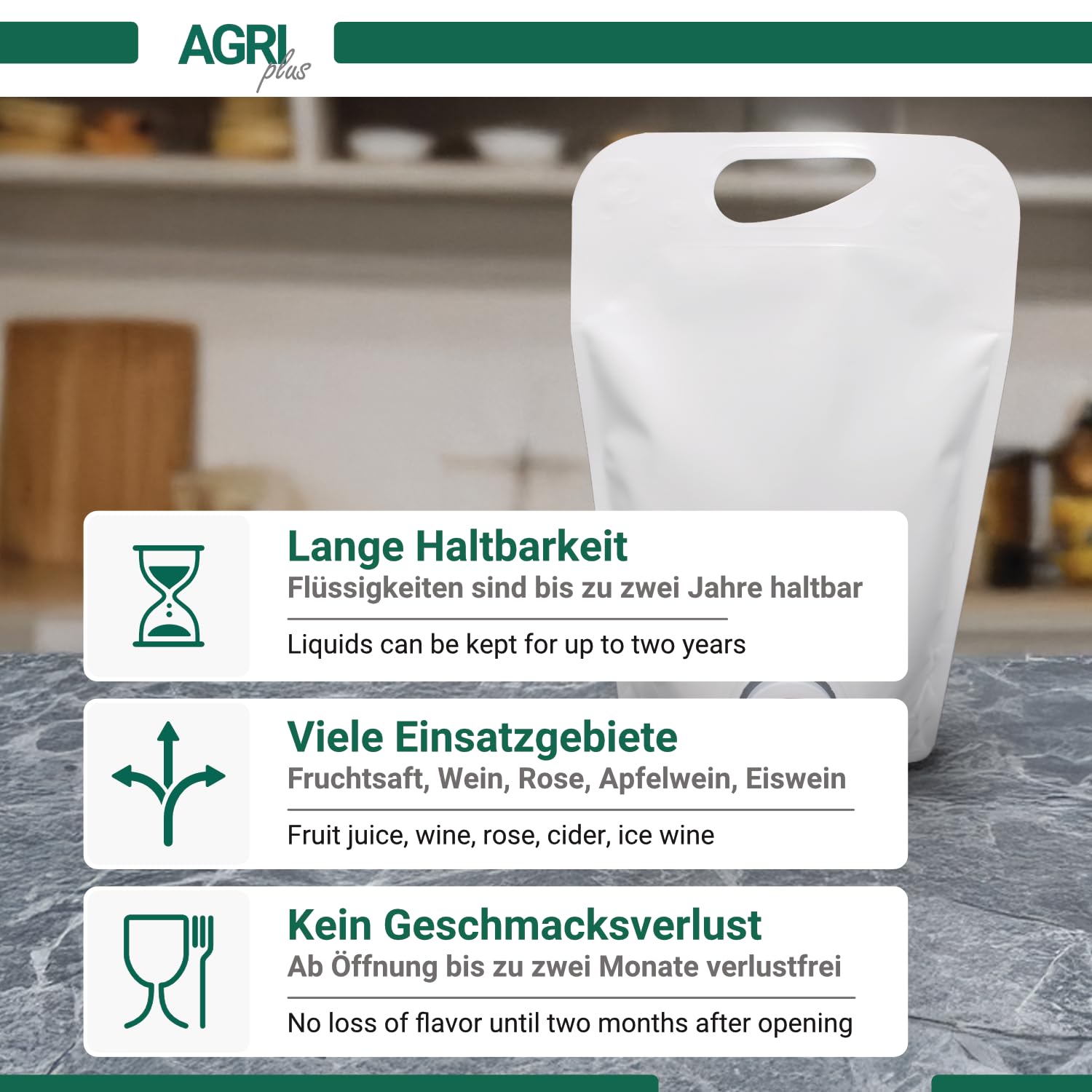 AGRI plus Standbodenbeutel in Weiß I 1 Liter I 10 Stück I Hochwertige Saftbeutel mit Zapfhahn I Faltbarer Camping- & Festival-Trinkbeutel I Bag-in-Box-Beutel für Apfelsaft, Saft & Wein