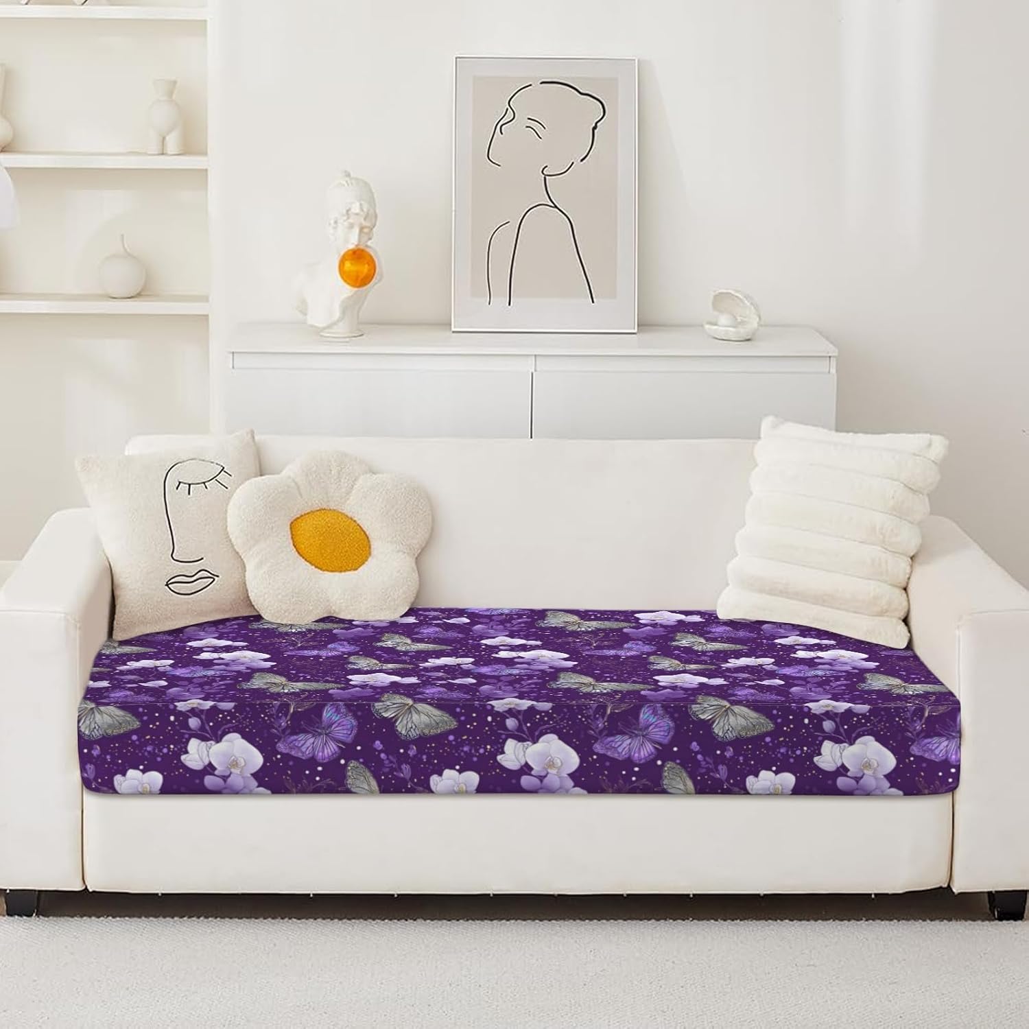 Purple Butterflies Bloom Art Loveseat Covers Couch Covers for 2 Cushion Couch, 2-Piece Stretch Sofa Slipcovers Anti-Slip Washable Furniture Protectors for Dogs Pets