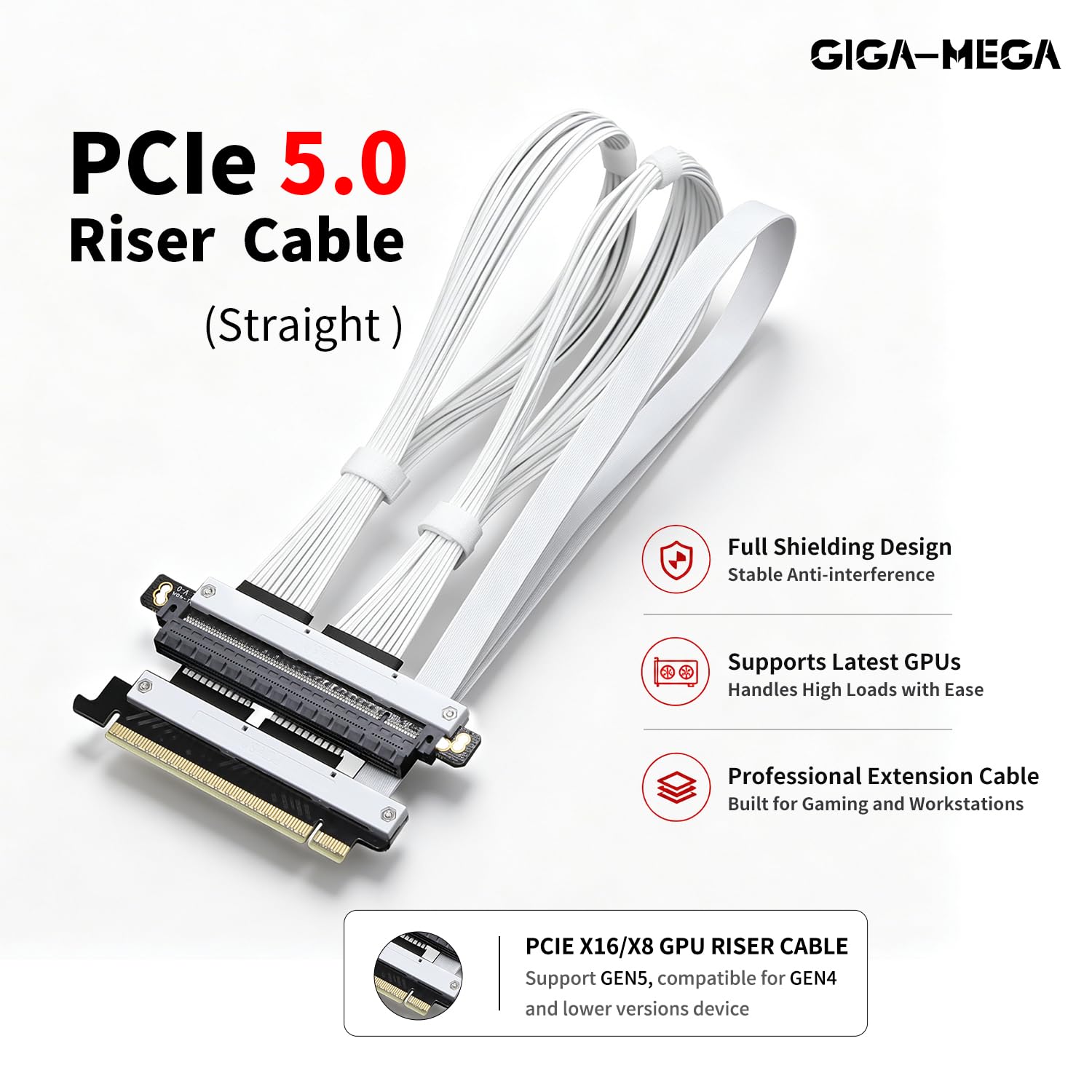 Cavo riser PCIe 5.0 X16 ad angolo retto a sinistra, cavo flessibile dritto per server AI, lunghezza 50-60 cm, bianco e nero (bianco, angolo retto, 50 cm)
