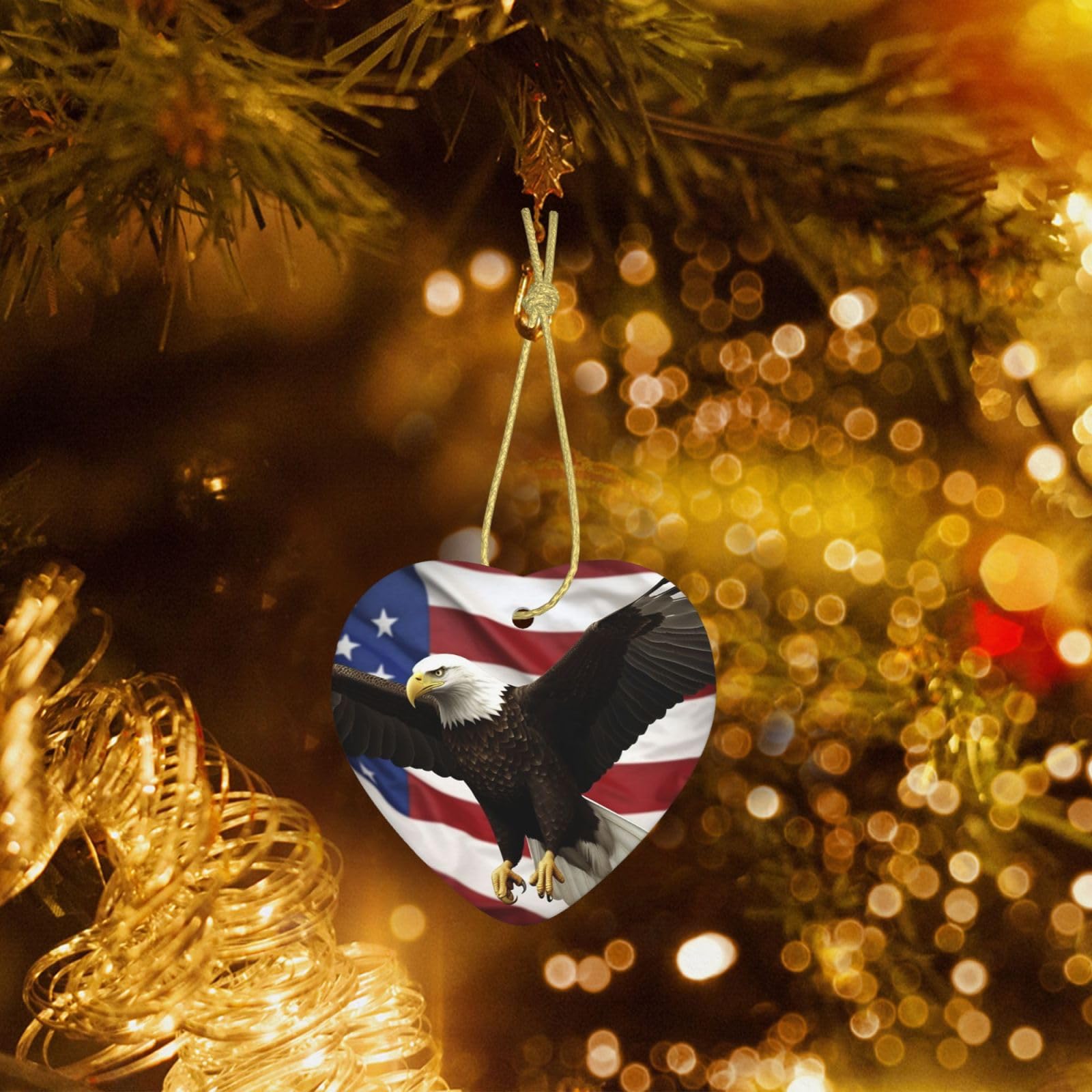 Christmas Heart Shaped Ornaments 1 Pcs, Double-Side Ceramic Xmas Tree Hanging Ornament with Gold String American Flag Fly Eagle Personalized Porcelain 2025 Christmas Pendent