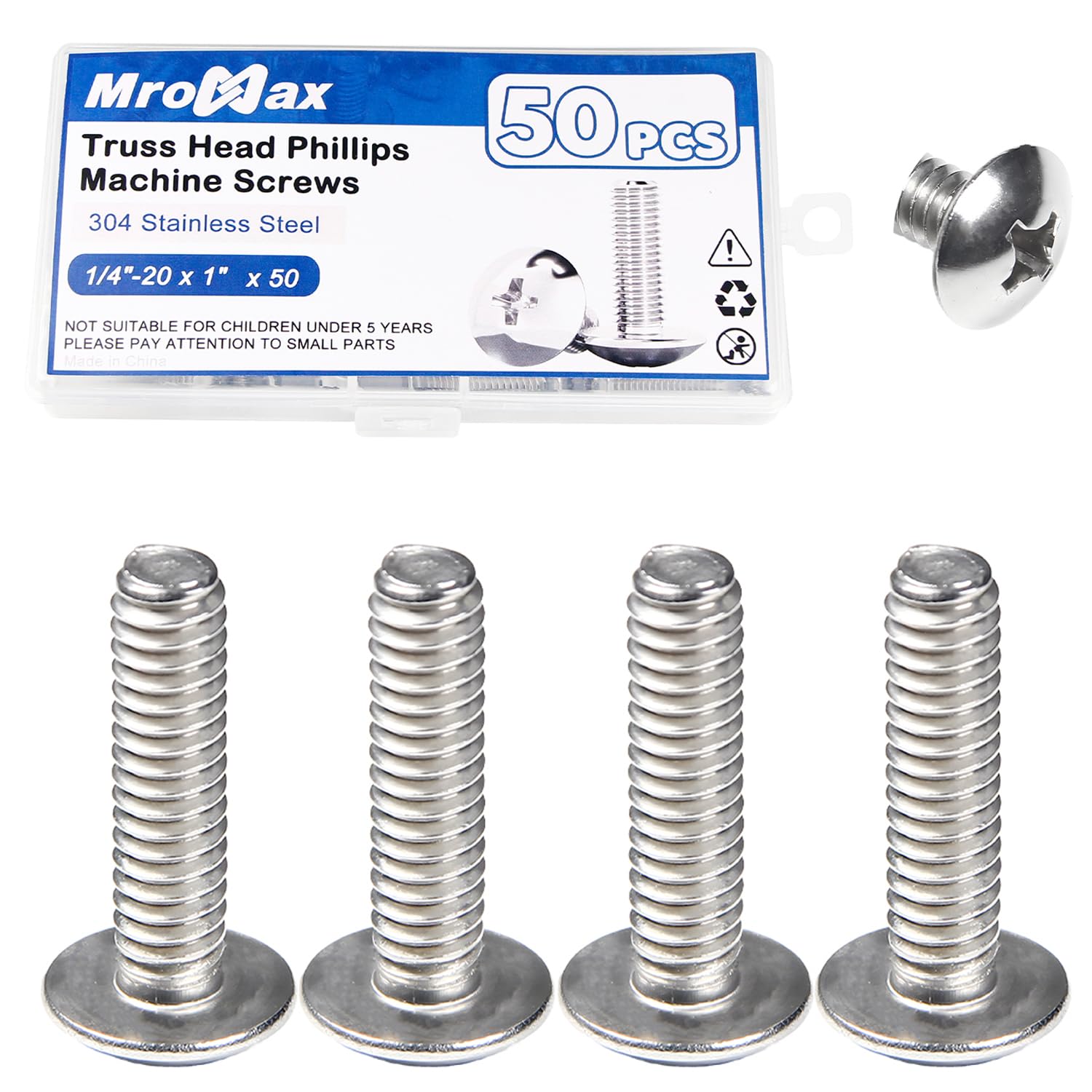 MroMax 50Pcs 1/4"-20 x 1 Truss Head Machine Screws, 304 Stainless Steel 18-8, Bright Finish, Full Thread, Phillips Drive