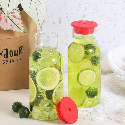 Miniatura 6 de Vaso de vidrio de 24 onzas con tapa y popote, vaso de vidrio, cristalería vintage para whisky, cóctel, jugo de cerveza, jarra de vidrio con tapa
