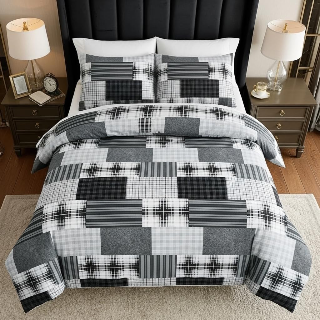 B&B Printed Duvet Cover Set, 100% Rich Cotton Comforter Cover Bedding Sets - Soft, Thick Anti-Allergy 3PCS Quilt Covers with 2 Pillow Shams (Super King Size, Denim Grey)