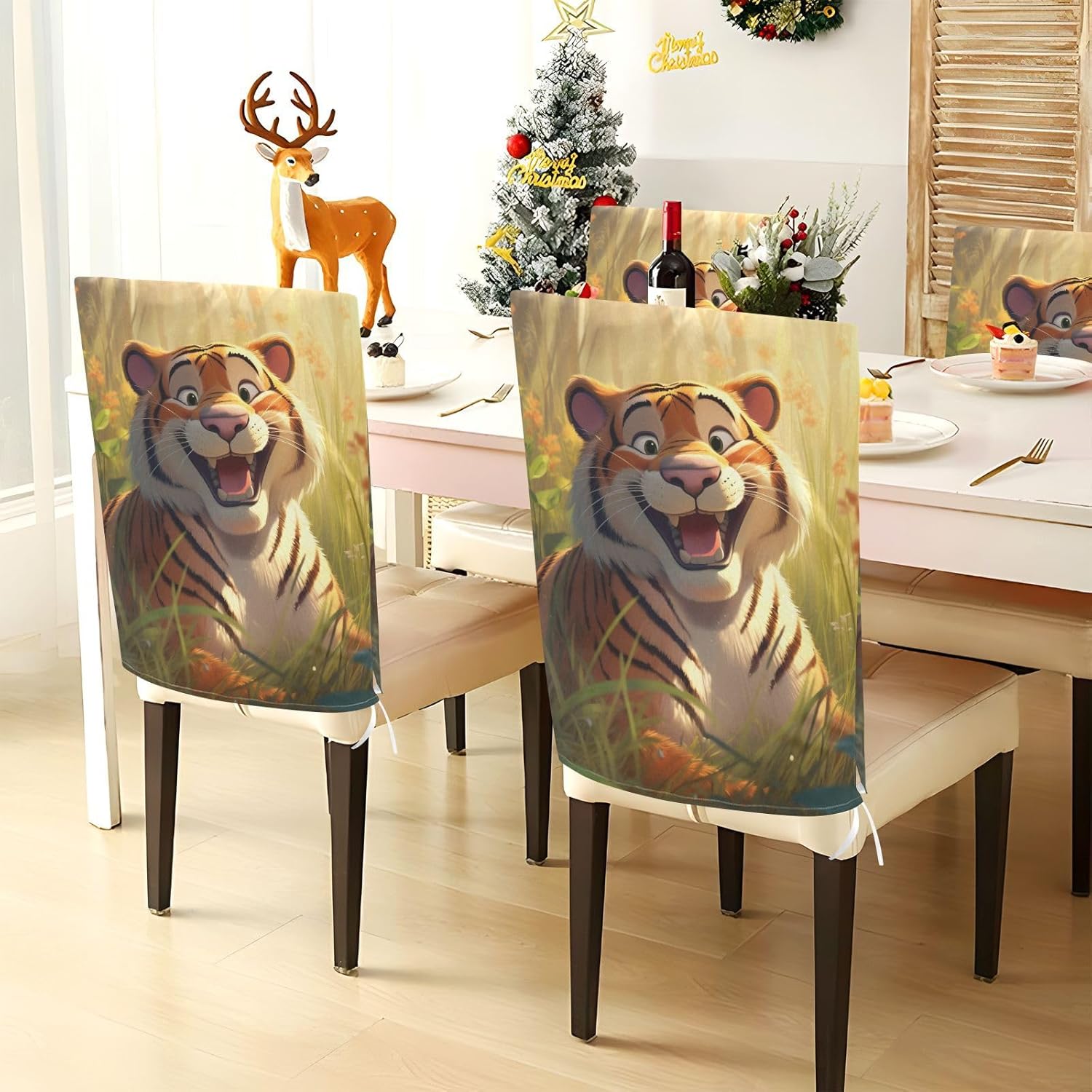 ALAZA Cute Tiger Chair Back Cover Set of 6, Washable Reusable Removable Chair Slipcovers Decorative Chair Cover for Home Kitchen Wedding Party