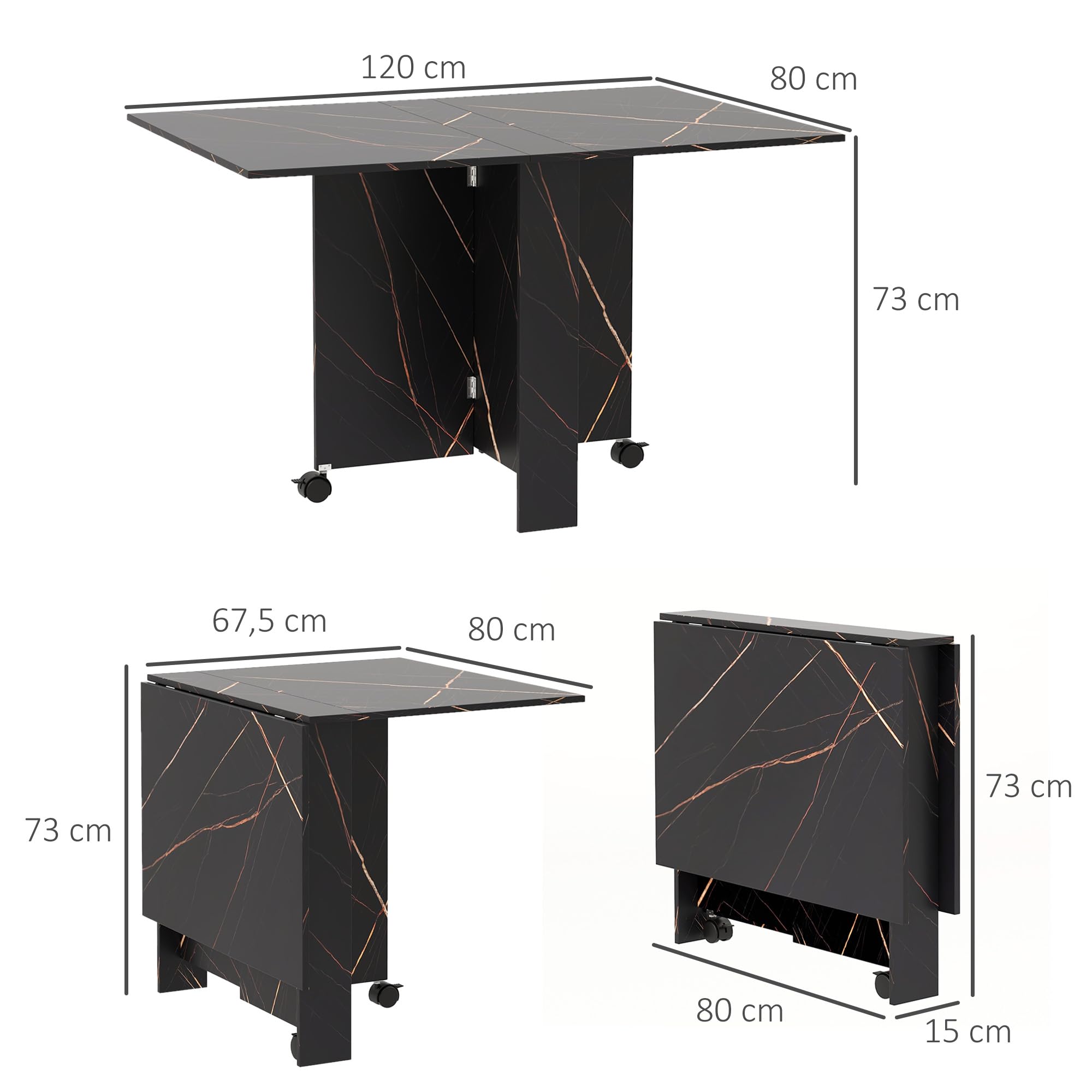 HOMCOM Mesa Plegable de Comedor Ruedas 120x80x73 cm Negro con Efecto Mármol | Mesa de Cocina Plegable, Alas Abatibles, Hasta 6 Personas, para Salón, Espacio Pequeño