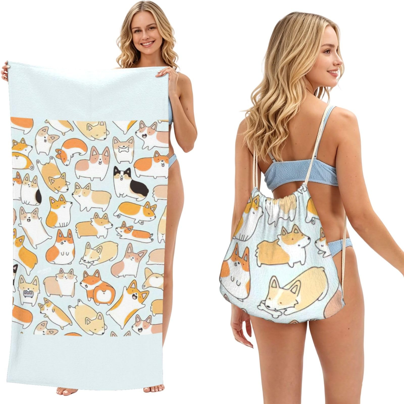 aacxzff Corgi Dog Print 2 in 1 Packable Towel Bag, Drawstring Beach Towel Backpack,80x160cm for Beach trips