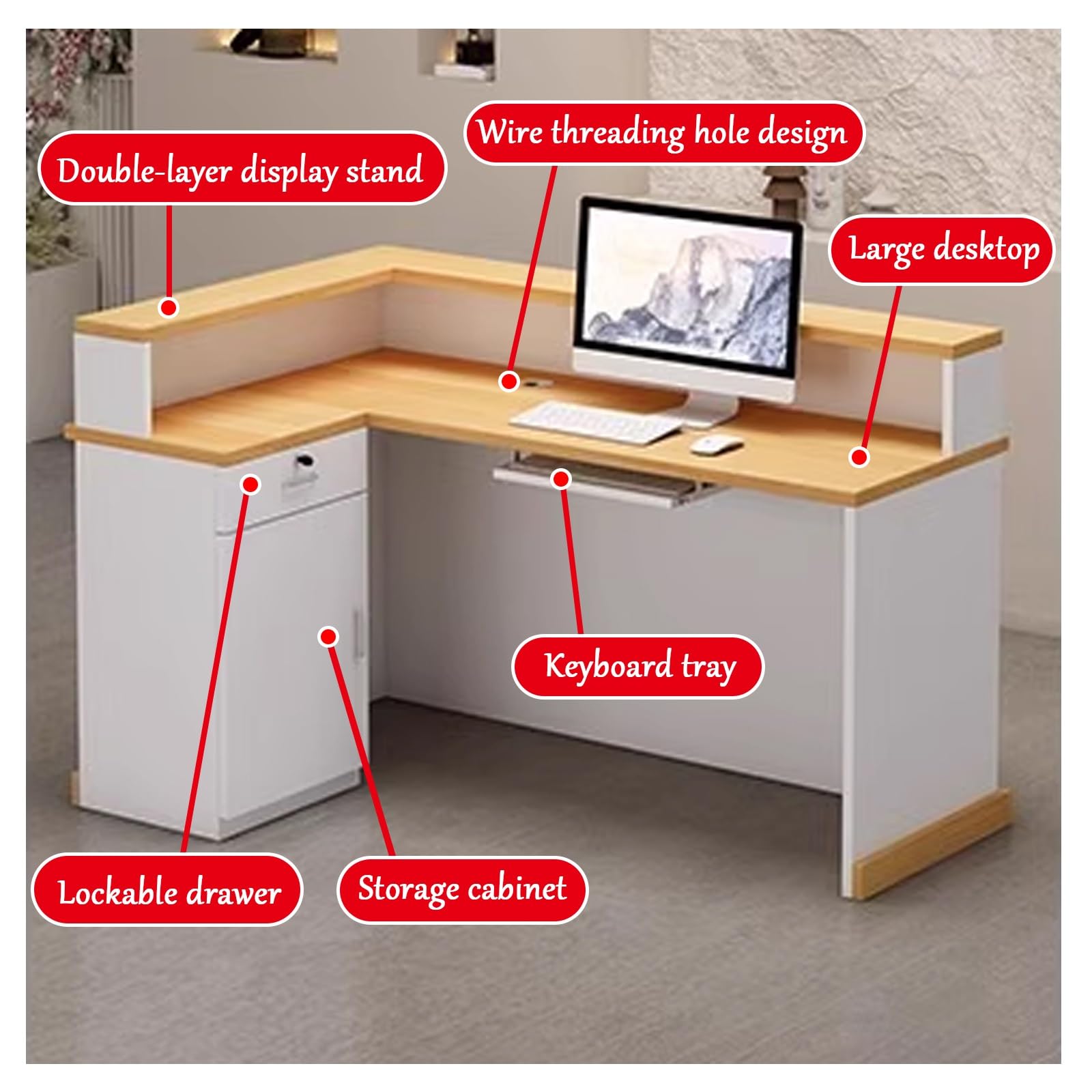 Moderno escritorio de recepción en forma de L con almacenamiento seguro, elegante estación de trabajo para vestíbulos, salones, tiendas minoristas y oficinas en casa - 140 x 60 x 99,8 cm