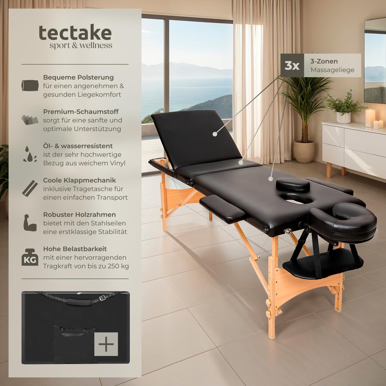 tectake® Mobile Massageliege 3 Zonen, höhenverstellbar, klappbar, Zubehör Kopfstütze, Tasche, belastbar bis 250kg, Möbel für Kosmetik, Massage, Tattoo Zubehör, Physiotherapie Zubehör - schwarz