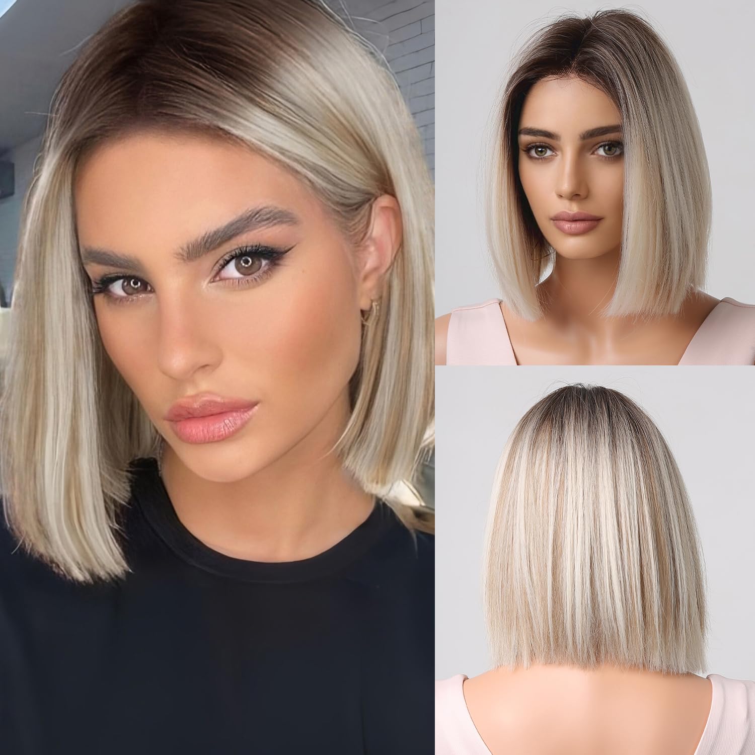 testar Perruque blonde courte pour femme courte et droite ombrée blonde cheveux naturels naturels perruques synthétiques sans colle pour usage quotidien fête 12 pouces