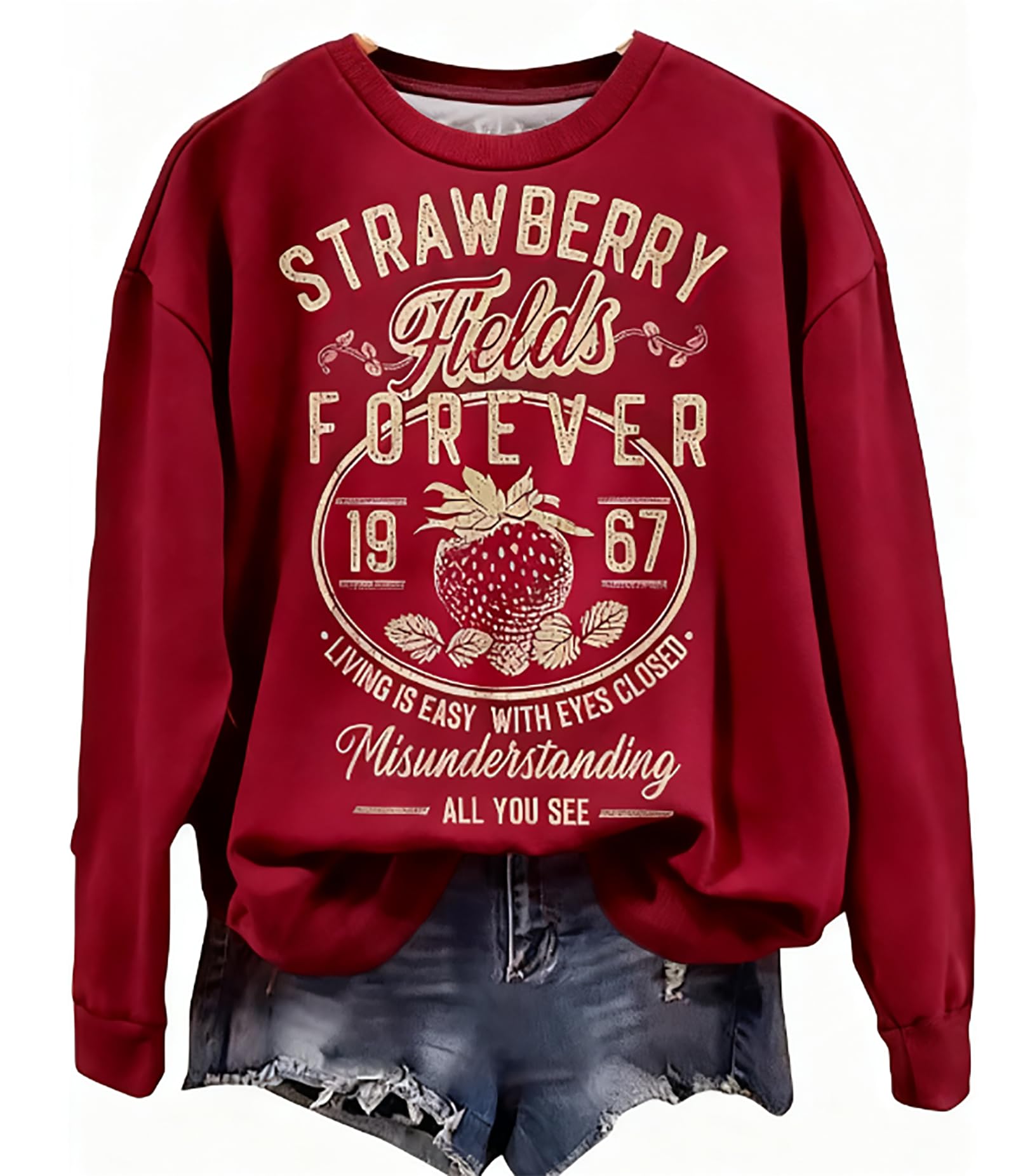 bomytao Vintage Rock Band Sweatshirts for Women Fashion Country Music Pullover Beatle Strawberry Fields 1967 Long Sleeve Top-picture-35