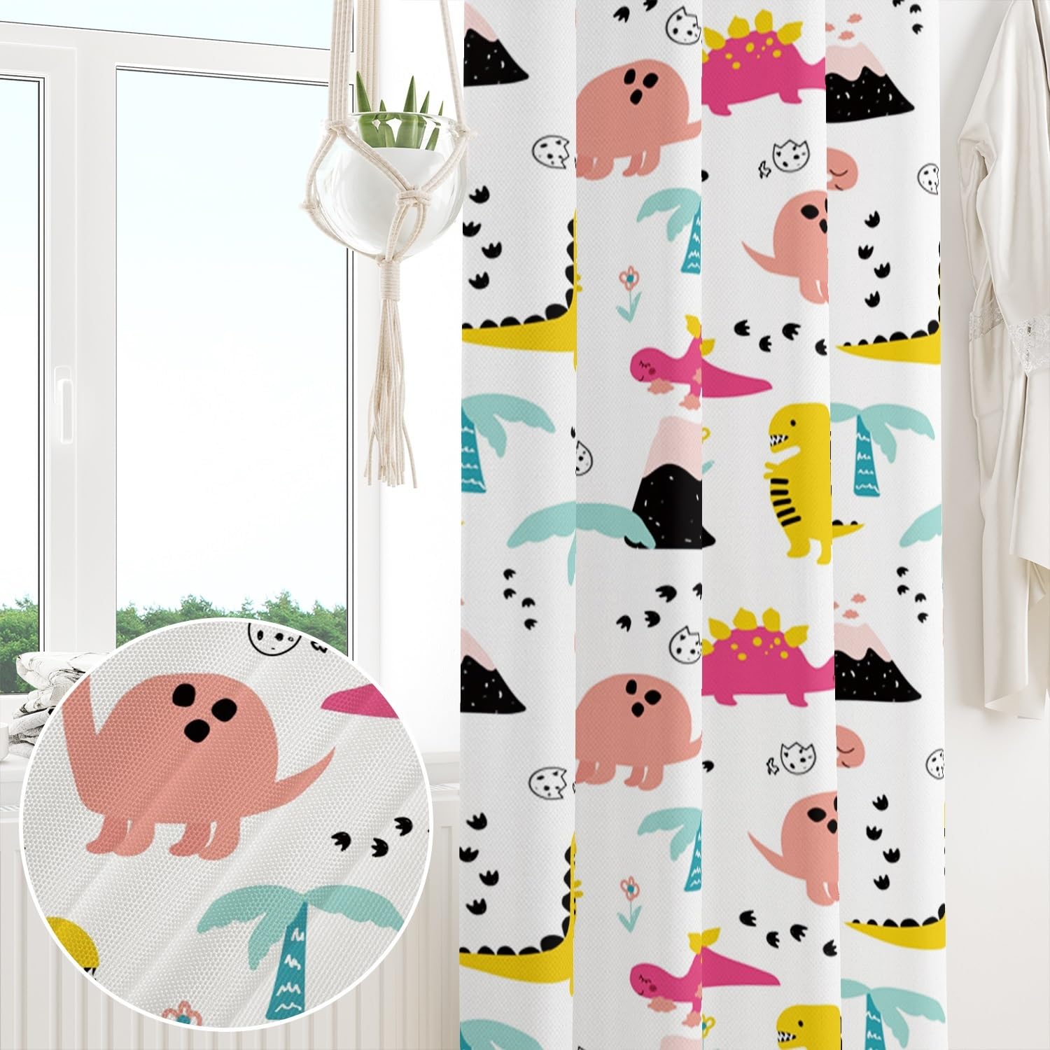 ggaimwf 42"x 63" Cartoon Dinosaur Rod Pocket Curtain for Kids Bedroom Flower Linen Look Room Dividers Light Filtering Privacy Window Drapes for Nursery Boys Girls Playroom Living Room,1-Single Panel - Image 4