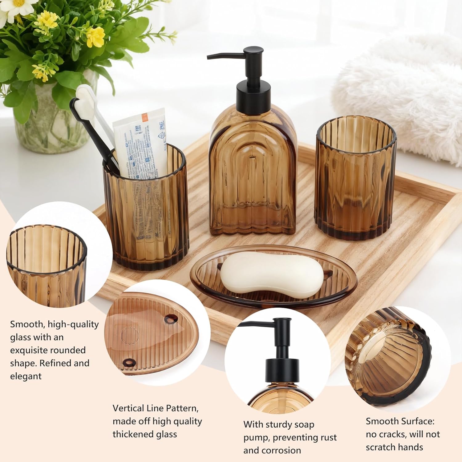 4Pcs Glass Bathroom Accessories Set,Amber Bathroom Accessory Set,Bathroom Counter Sink Toothbrush Holder Set Includes Hand/Lotion Soap Dispenser & Tumbler & Soap Dish