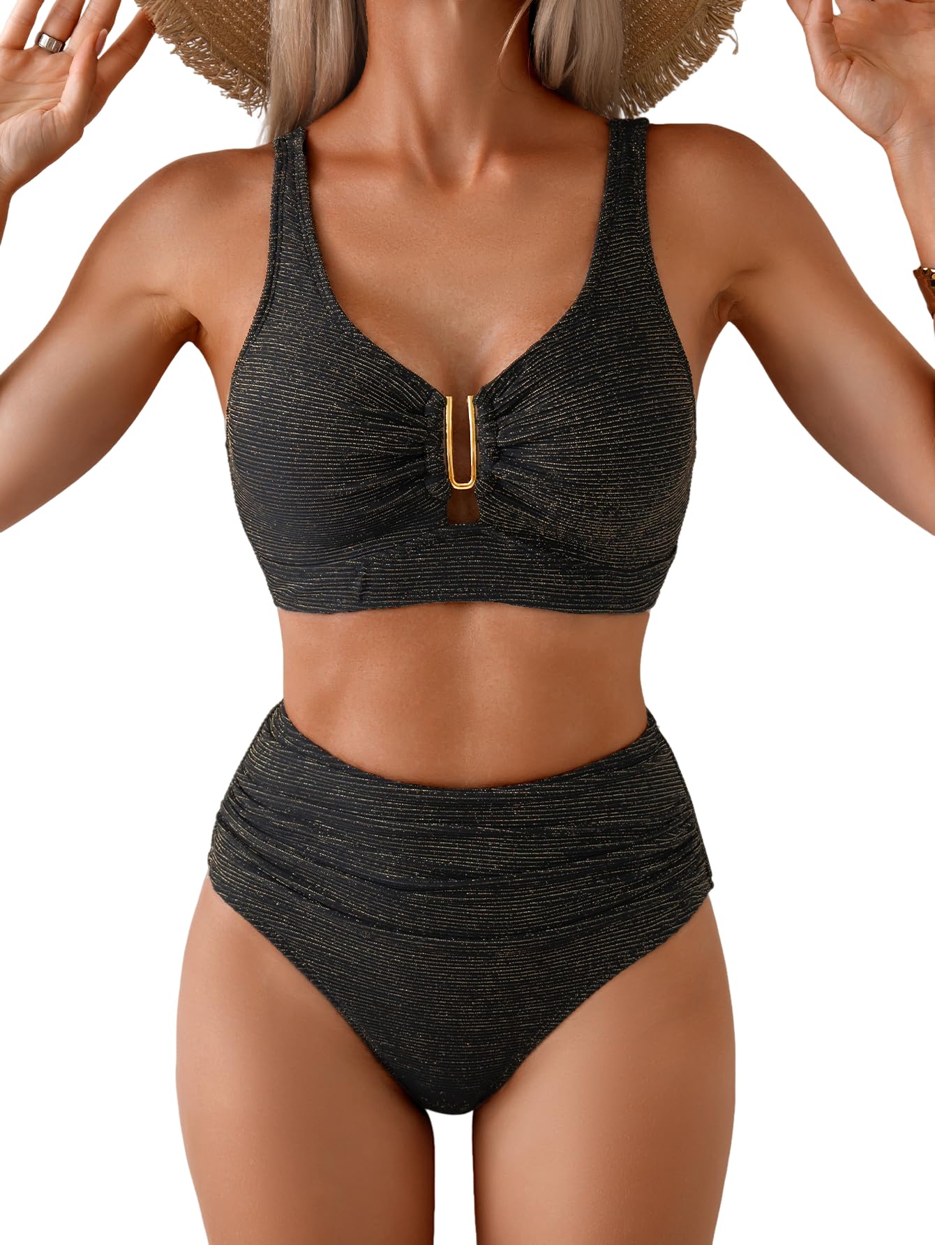 Eomenie High Waisted Bikini Sets for Women Tummy Control U Wired Swimsuit | Deep V Neck, Adjustable Wide Straps, Ruching, Full Coverage, Removable Bra, Bathing Suit For Beach Vacation